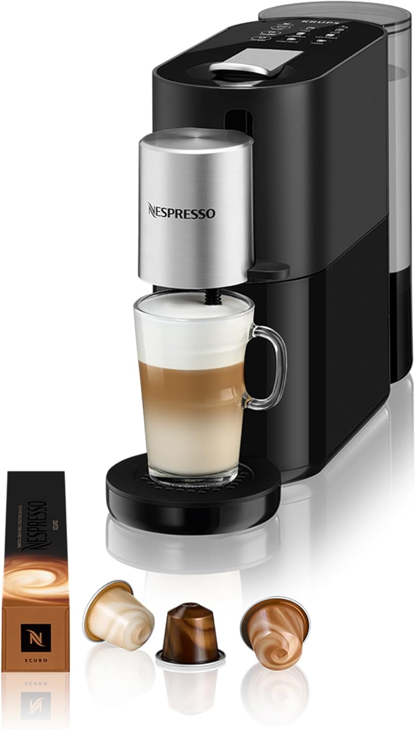 Nespresso Krups Atelier Kaffeemaschine mit Milchaufschäumer, 1 L Wassertank, inkl. Glastasse+Kapseln, 19bar Druck, schwarz/silber