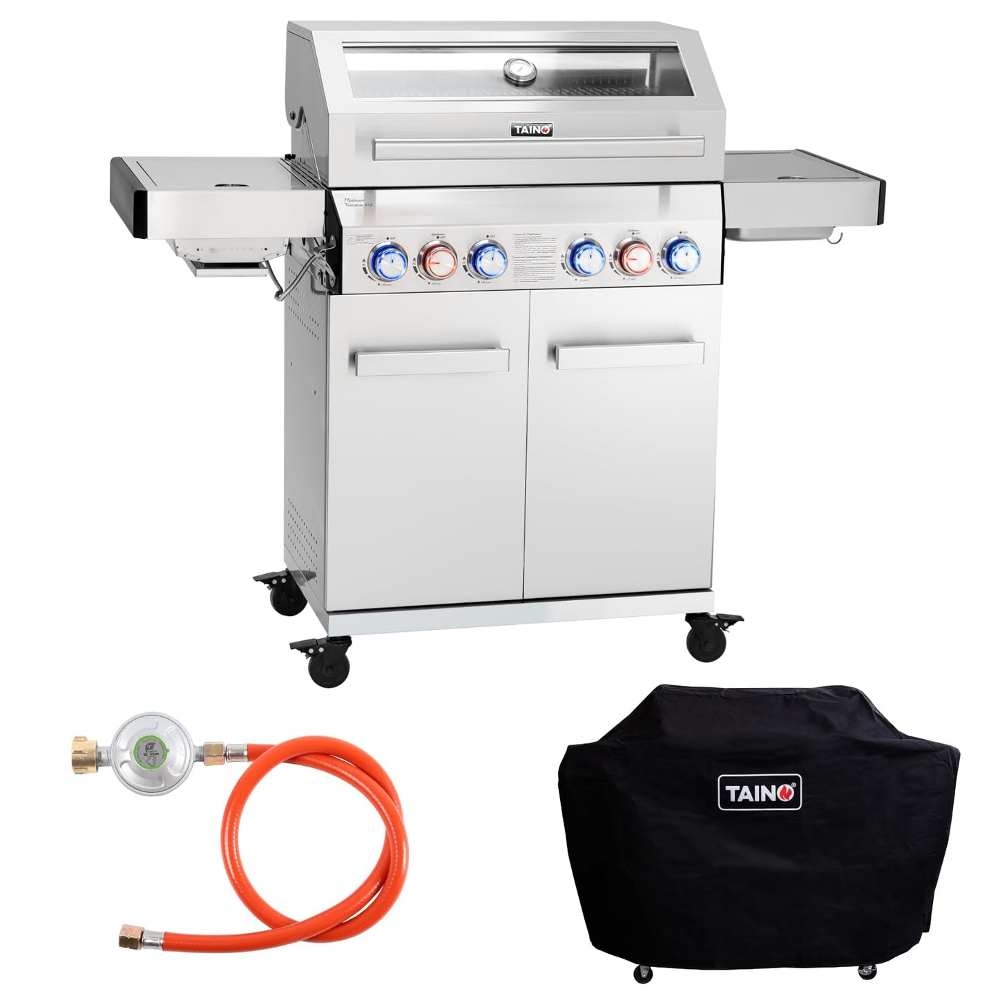 Taino Platinum Yamara Dark 6+2 Steel Gas Grill, 6 Burners, Ceramic Sear Burner, Ceramic Back Burner, Piezo Ignition, Cast Iron Cooking Grid