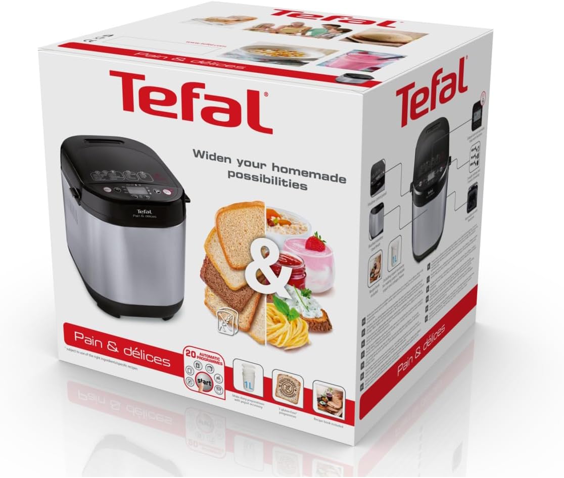 Tefal Brotbackautomat Pain & Délices, 20 Backprogramme, 3 Brotgrößen und Bräunungsstufen einstellbar, auch für Kuchen - Pizza - Nudelteig, Backform antihaftbeschichtet, schwarz/Edelstahl