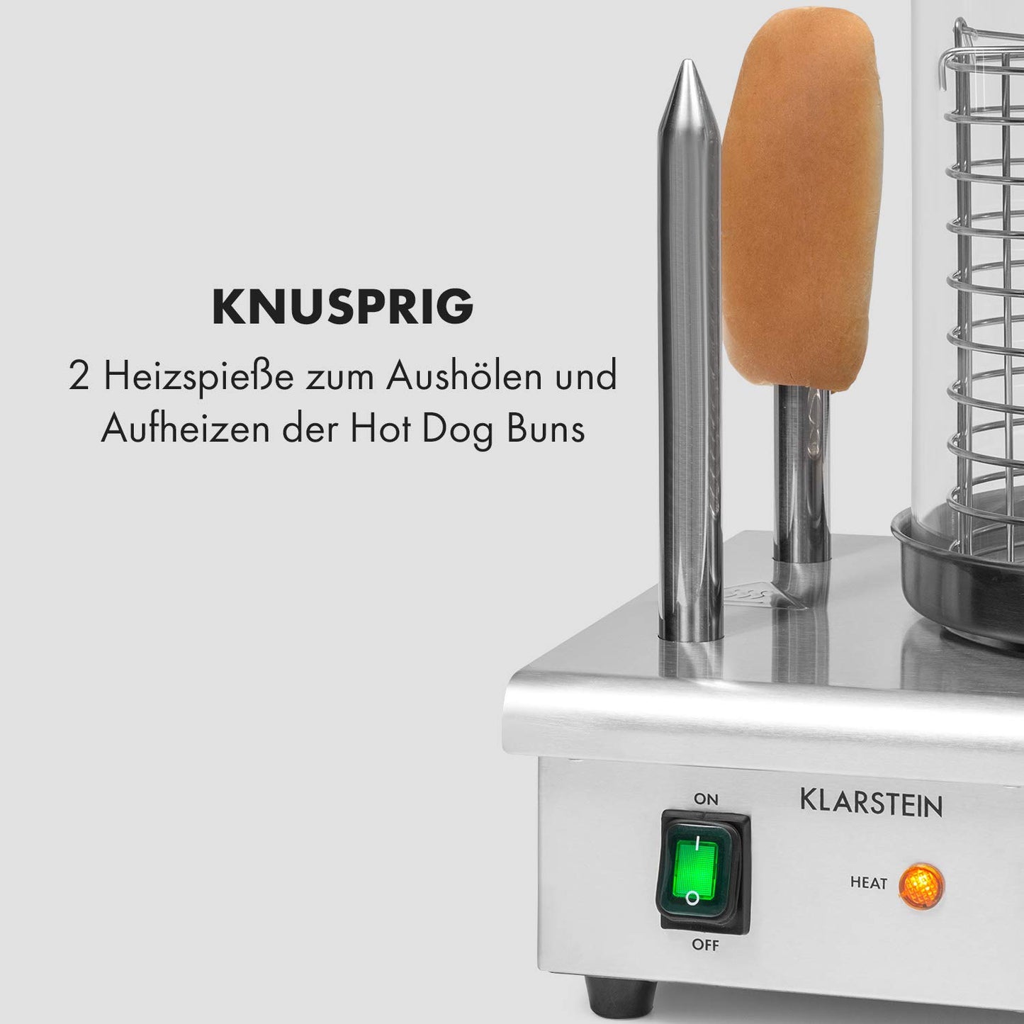 Klarstein Wurstfabrik Pro 550 Hot Dog Maker, 550 Watt, 2 Heizspieße, Temperaturregler 30-100 °C, Glaszylinder: Ø 20 cm, Edelstahlkäfig: Ø 17 cm, Edelstahlgehäuse,Profi Würstchenkocher, silber