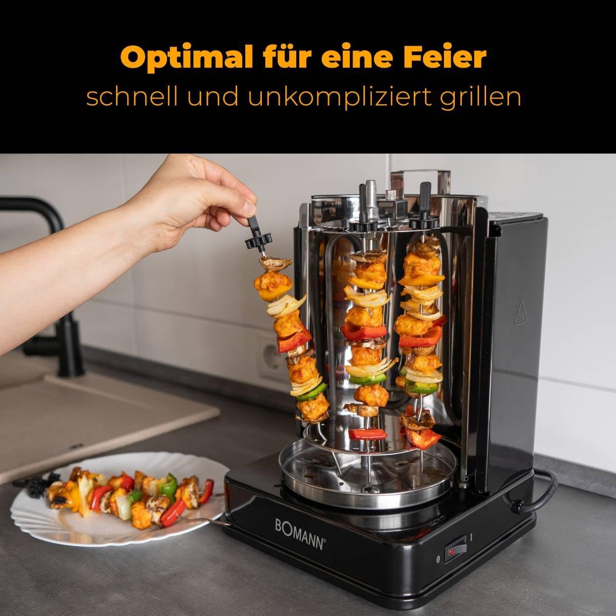 Bomann® Döner-Vertikal-Multigrill | Multigrill Perfekt für Gyros, Kebab & mehr | Gyrosgrill für Fettfreies Grillen zuhause | Dönergrill Inkl. Drehspieß & 6 Fleischspieße | DVG 3006 CB