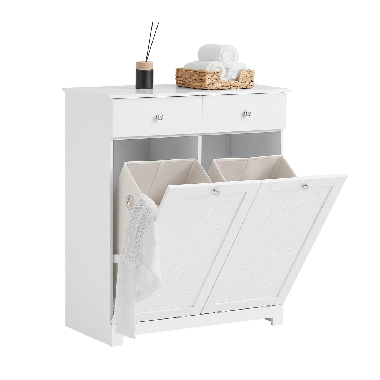 SoBuy Badezimmerschrank mit Wäschekorb Schmaler Badschrank Hoch Badregal Stehend mit 6 Ablagen und 2 Schubladen Wäscheschrank Schmal für Badezimmer Nische Weiß 60x37x171 cm BZR104-W