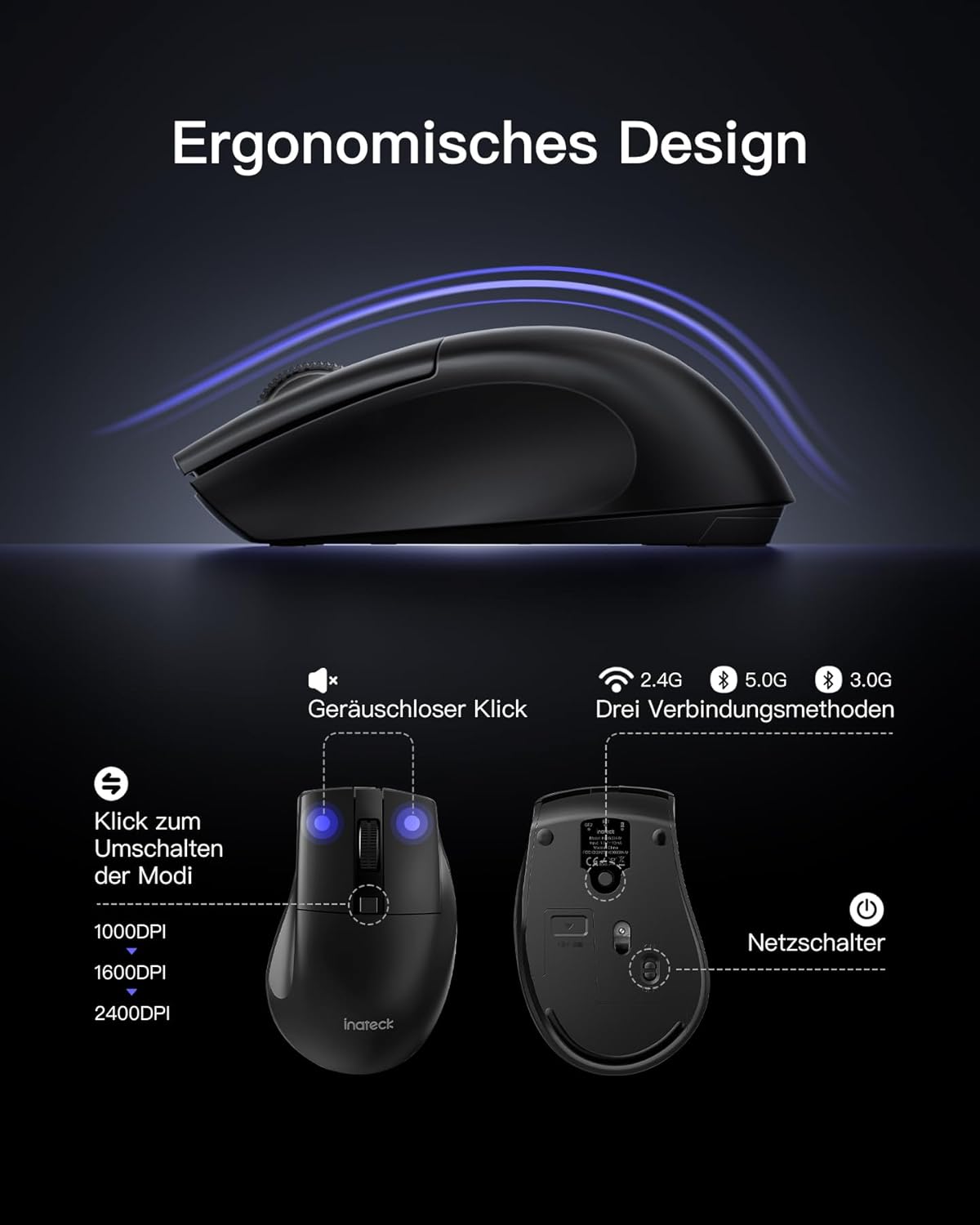 Inateck Tastatur Maus Set Kabellos,Tastatur in voller Größe mit Handballenauflage, Telefonhalter, 2,4 GHz Kabellose/Bluetooth Geräuschlose für Mac, Windows, Computer, Laptop, PC
