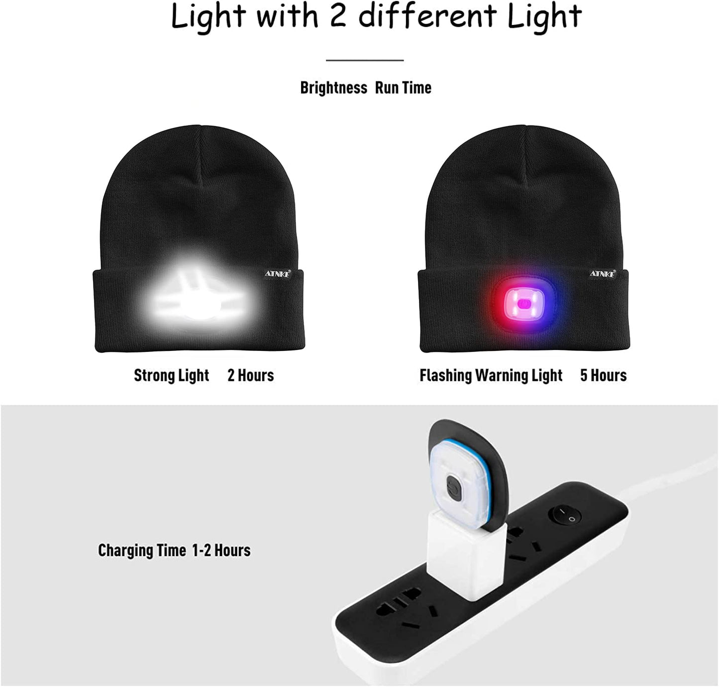 ATNKE LED Beleuchtete Mütze,Wiederaufladbare USB 4 LED Rot und Blau Leuchten Blinkender Laufmütze mit Licht Extrem Heller Lampe Winter Warme für Herren und Damen Geschenke