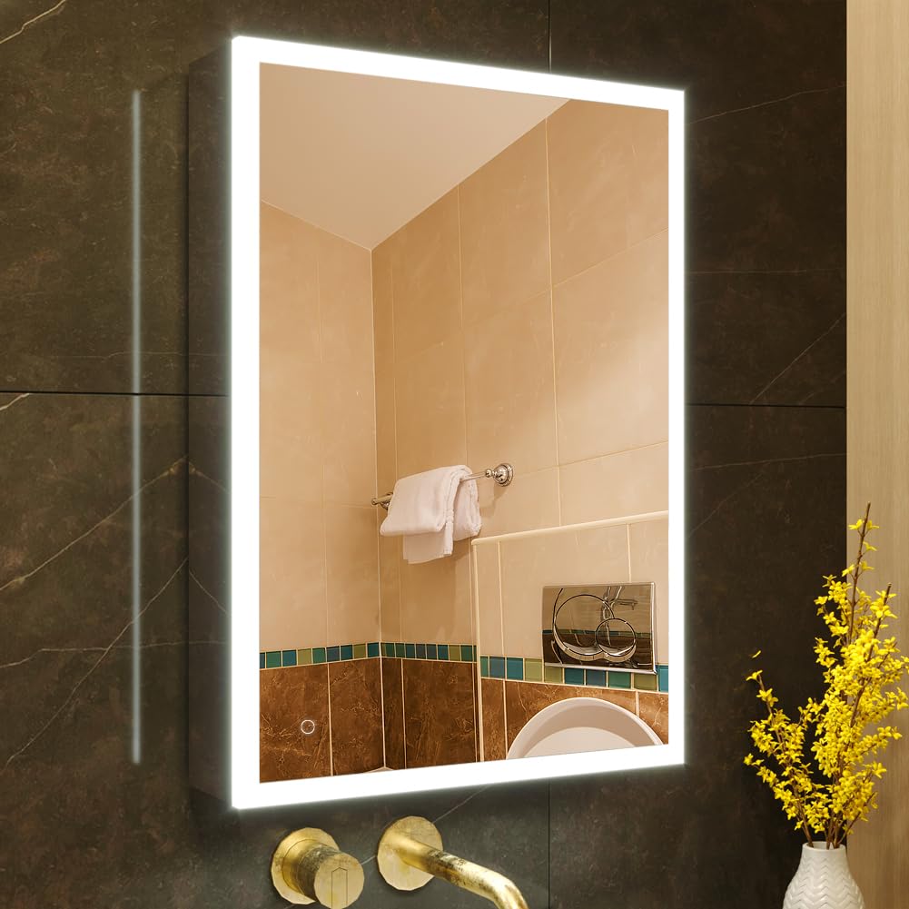 KWW LED Beleuchtetes Badezimmer Medizin Kabinett mit Spiegel, Farbtemperatur Einstellbar, Anti-Nebel Dimmbare Lichter, Steckdosen für USBs (80 x 70 cm)