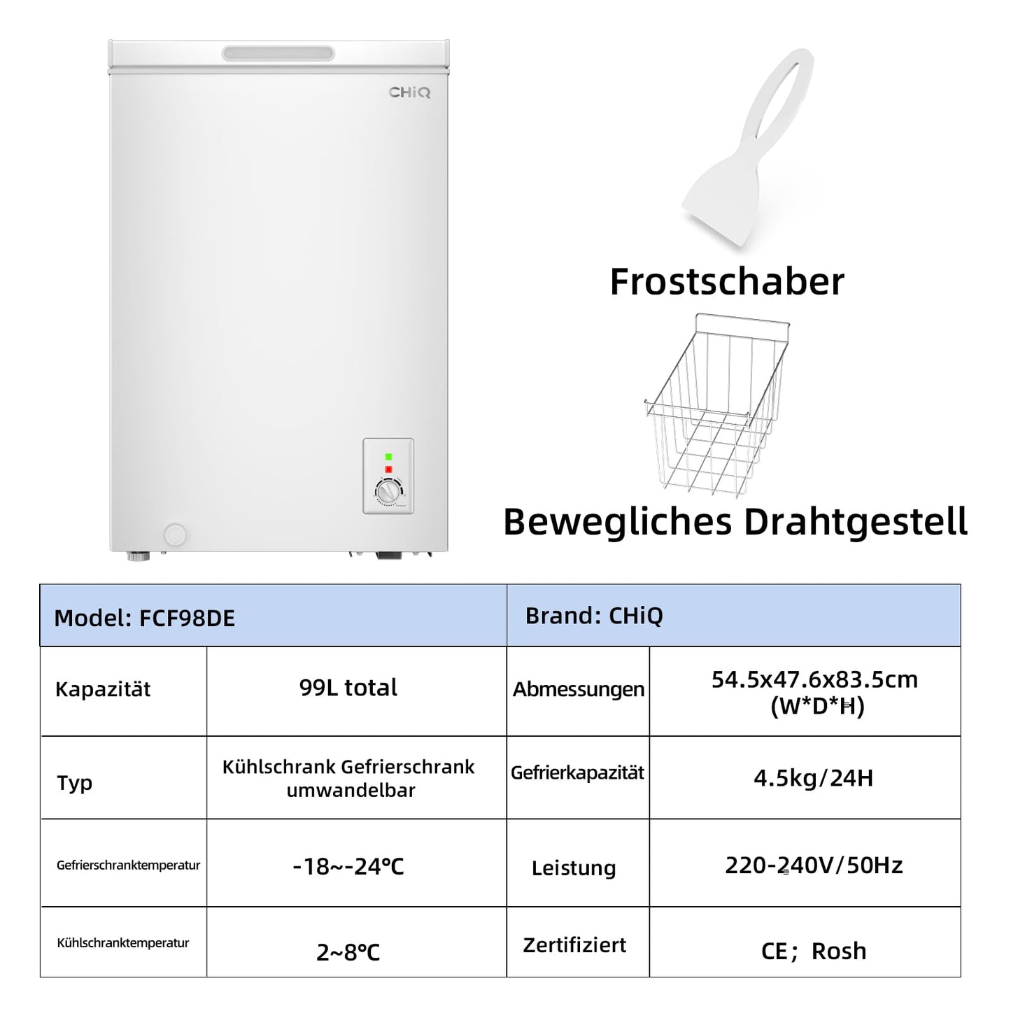 CHiQ Gefriertruhe 99 L, 54,5 x 47,6 x 83,5 cm, 4-Sterne-Gefrieren, Thermostatsteuerung, Drahtgestell, Schwebetür, Geräuscharm, Weiß