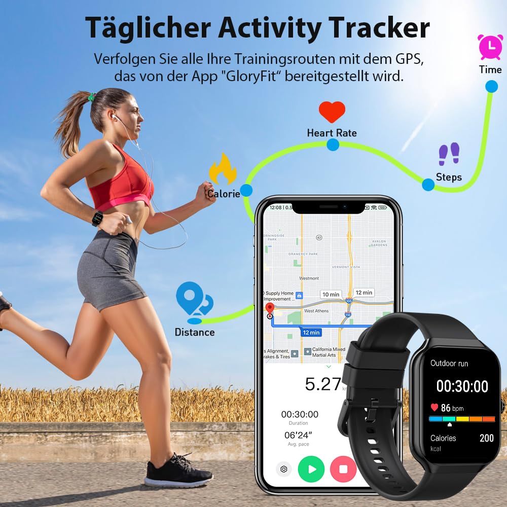 Smartwatch Herren Damen, 2025 HD 1,96" Fitnessuhr Smart Watch mit Telefonfunktion, 115+ Sportmodi Schrittzähler Armbanduhr, Herzfrequenz SpO2 Schlafmonitor, IP68 Wasserdicht Sportuhr für Android iOS