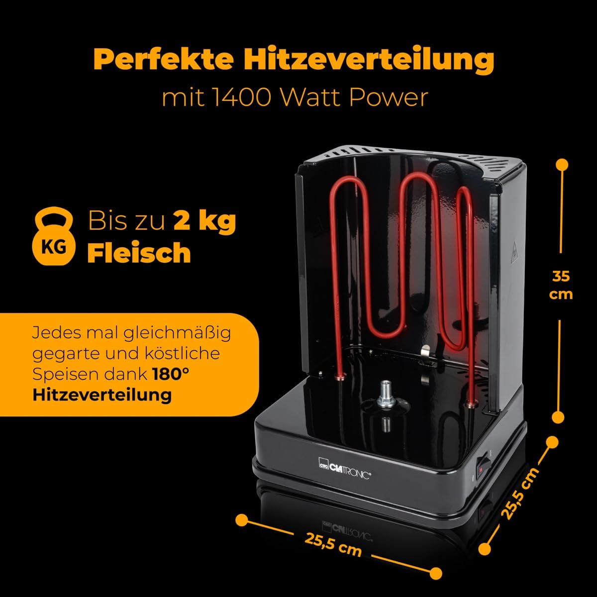Clatronic® Döner-Vertikal-Multigrill | Multigrill Perfekt für Gyros, Kebab & mehr | Gyrosgrill für Fettfreies Grillen zuhause | Dönergrill Inkl. Drehspieß & 6 Fleischspieße | DVG 3686