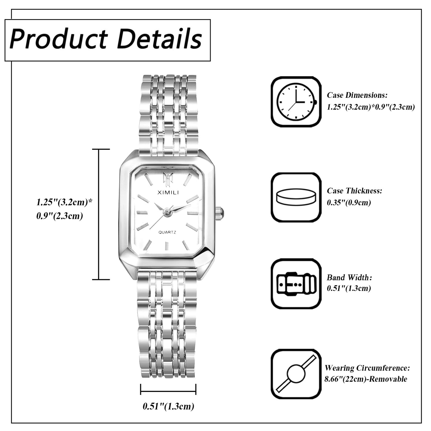 Silverora Wristwatches Women Square Women's Watches: Rectangular Analogue Quartz Watches Removable Watches with Bar Scale Gifts for Women Girls