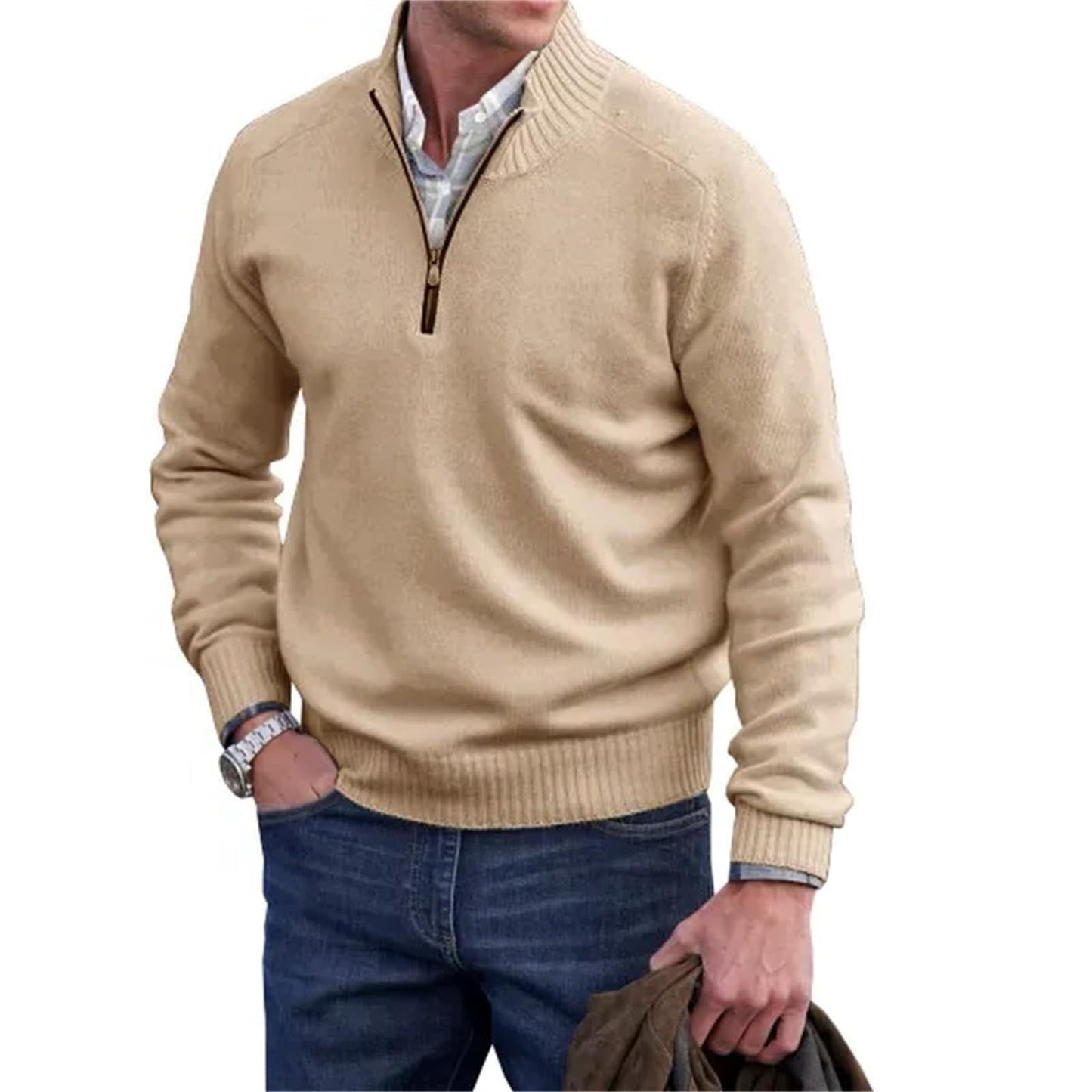 Men’s Cashmere Quarter-Zip Sweater – Soft Knit Stand Collar Pullover