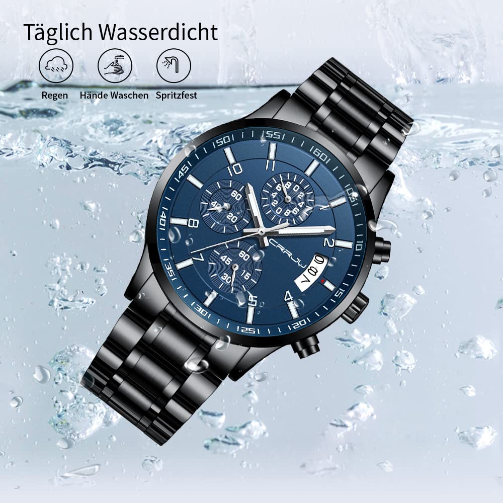 CRRJU Herren Uhr Business Edelstahl wasserdichte Chronographen mit Kalender Armbanduhr Edelstahlband Stoppuhr Analog Quarzuhr
