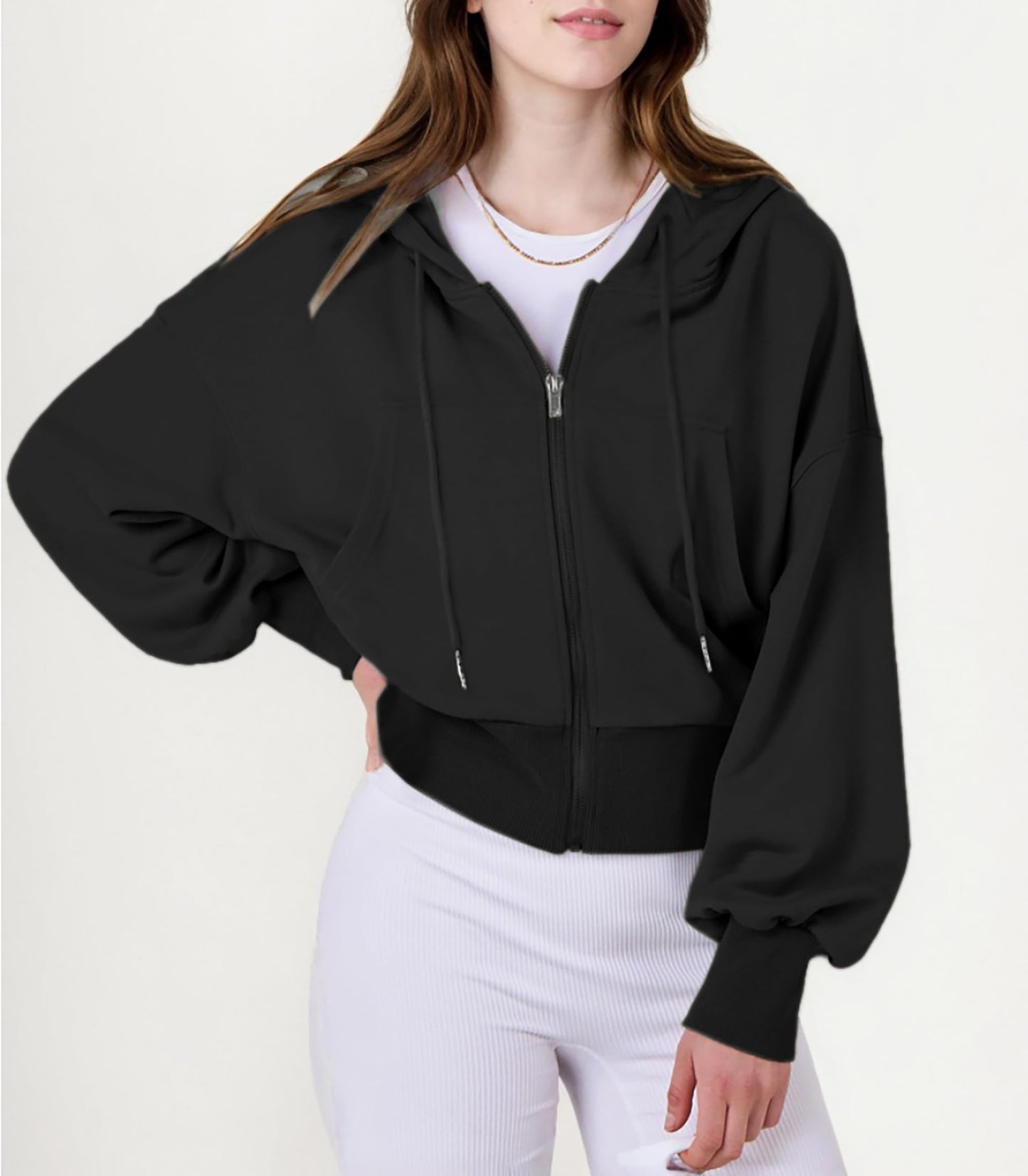 Jhsnjnr Women’s Cropped Zip-Up Hooded Sweat Jacket