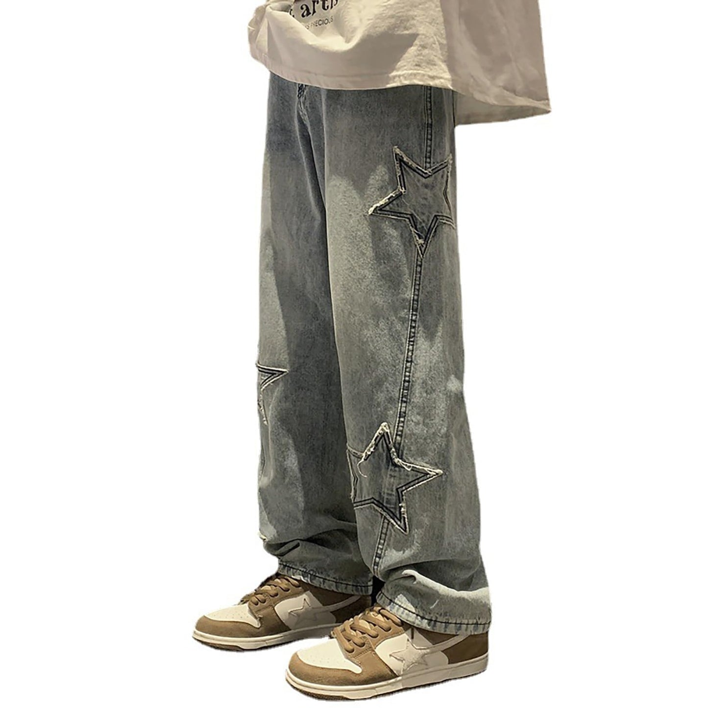 Y2K Vintage Effect Baggy Jeans for Men with Cross Print