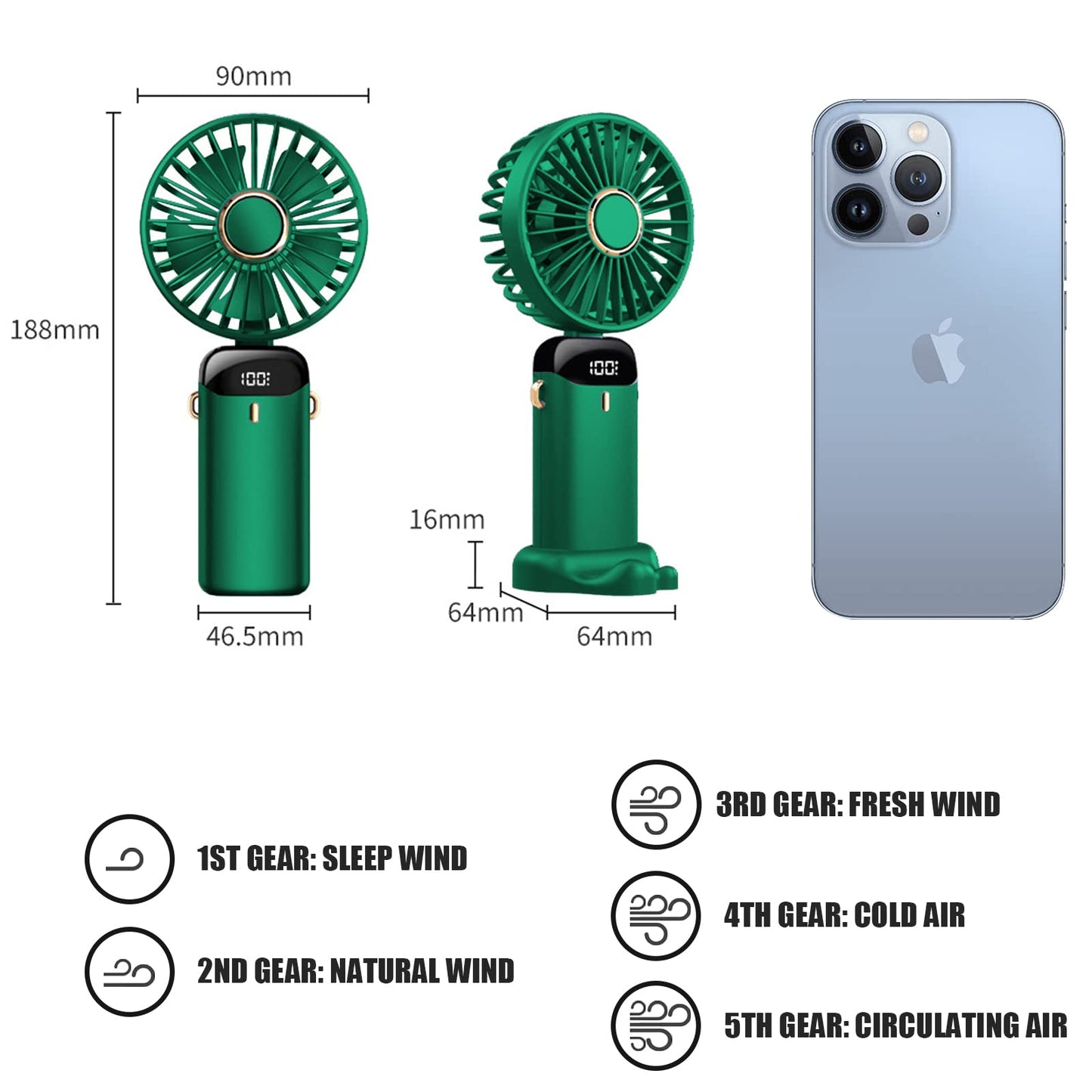 Jsdoin Handventilator, Tragbarer Mini Ventilator, Wiederaufladbar, Kleiner Taschenventilator Mit 5 Geschwindigkeitsstufen, Faltbarer USB-Ventilator für Büro, Outdoor (Dunkelblau)