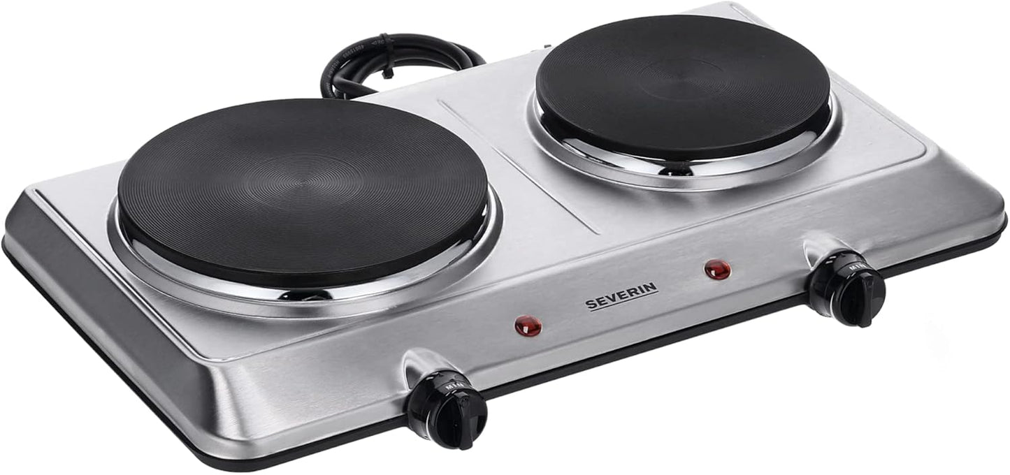 SEVERIN Doppel Kochplatte für Küche, Büro oder Camping, kleine Herdplatte mit stufenloser Temperatureinstellung, Campingkocher für zwei Töpfe, Edelstahl, 2.500 W, DK 1014