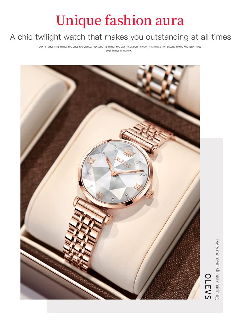 OLEVS Damenuhren Roségold Diamant Kleines Gesicht Edelstahlarmband Analoge Quarz Armbanduhren mit Kalender Leuchtend Wasserdicht Armreif Geschenke Set