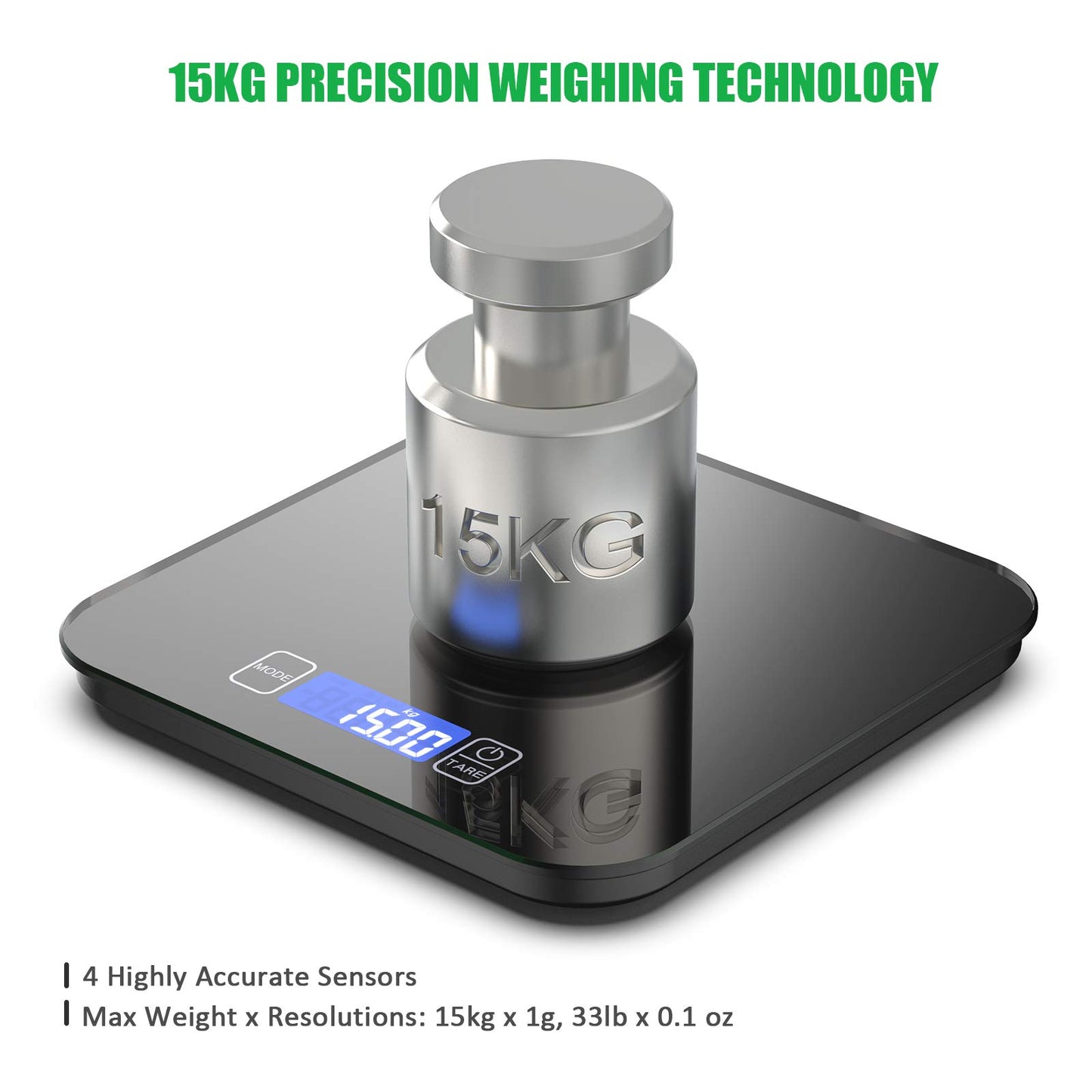 Digitale Küchenwaage 15kg/33lb Digitalwaage Elektronische Waage Küche Haushaltswaage Hochpräzise Lebensmittelwaage LCD Display mit Sicherheitsglas Wiegefläche und Tara