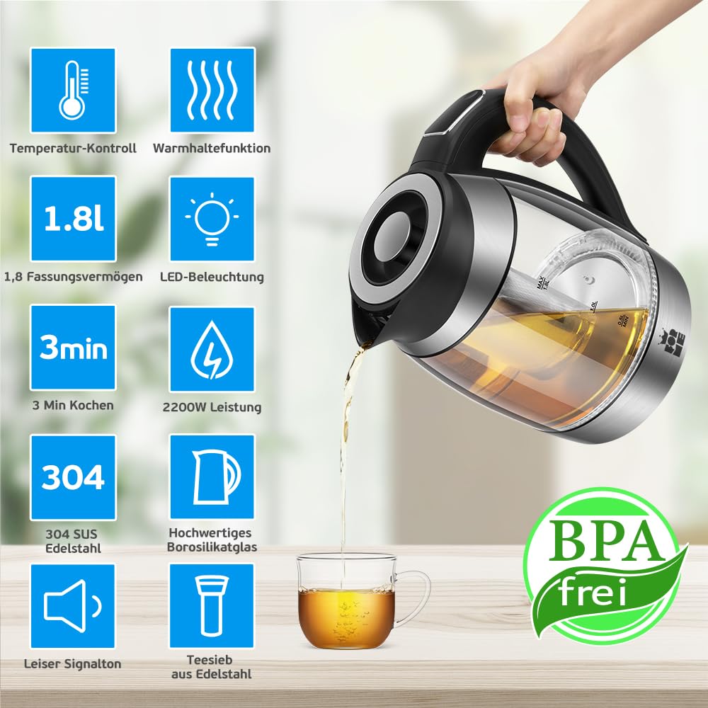 ForMe Glas Wasserkocher 1,8 Temperatureinstellung Temperaturwahl 40°C-100°C Farbwechsel LED I BPA FREI I Temperatur Einstellbar Teekocher Glaskessel Teekessel Glaswasserkocher mit Warmhaltefunktion