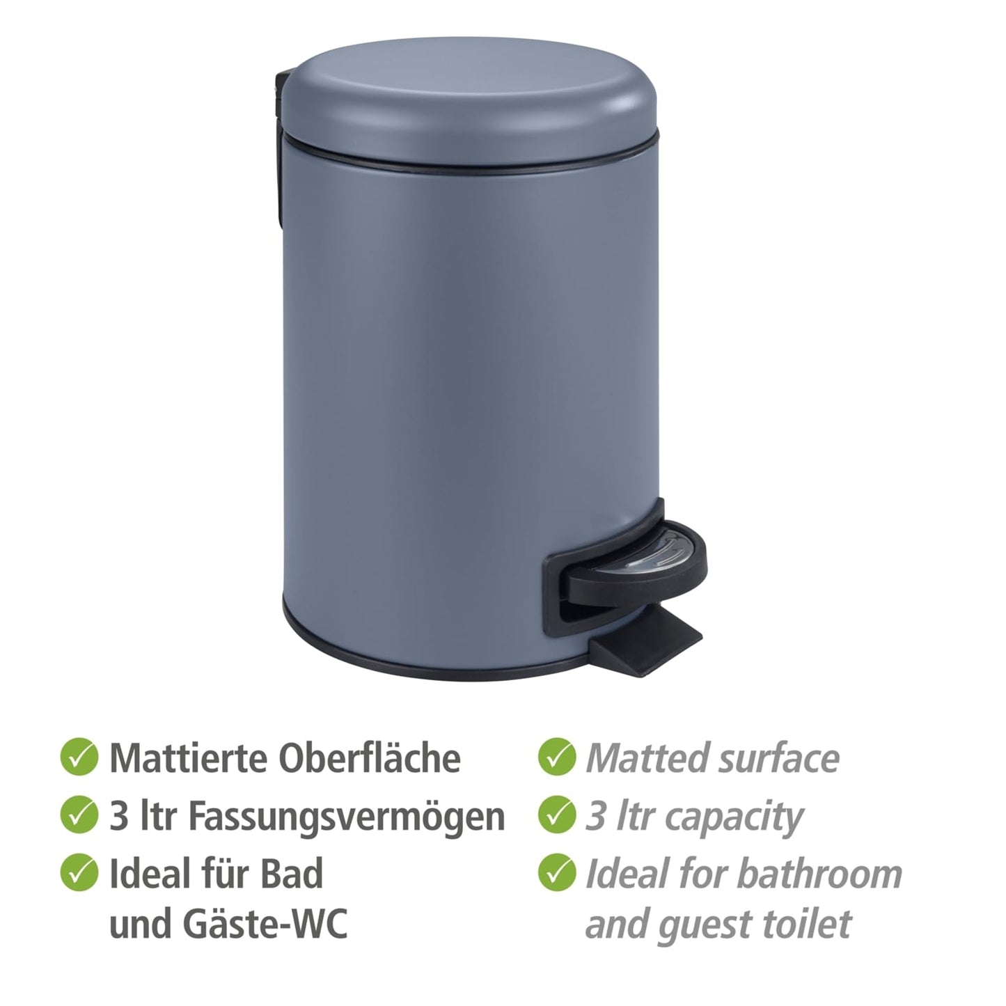 WENKO Treteimer Mod. Leman 3 Liter mit herausnehmbarem Einsatz aus lackiertem Stahl ideal für Badezimmer oder Küche 17 x 25 x 22,5 cm Schwarz matt