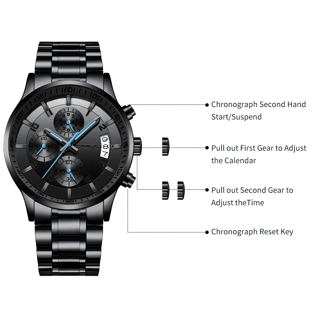 CRRJU Herren Uhr Business Edelstahl wasserdichte Chronographen mit Kalender Armbanduhr Edelstahlband Stoppuhr Analog Quarzuhr