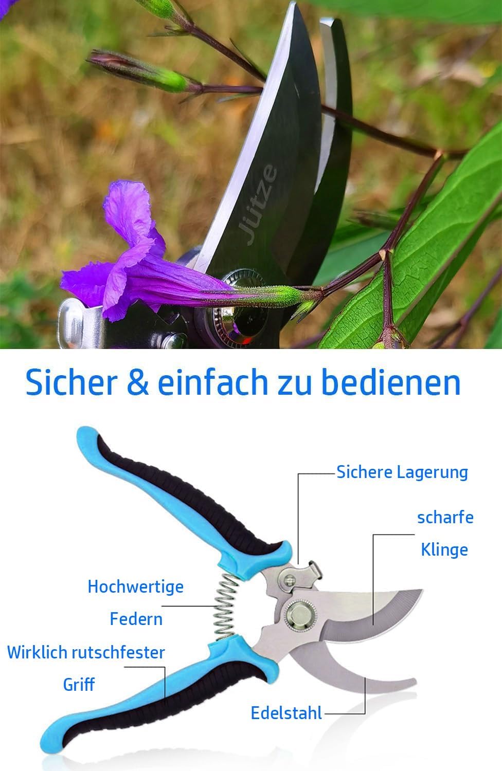 Jütze® Gartenschere für Sträucher und Blumen mit Rutschfester Griff & Edelstahl-Klinge, Leicht & Ergonomisch Rosenschere, Sicher mit Klingensperre, Beidhändig bedienbar, Länge 19cm