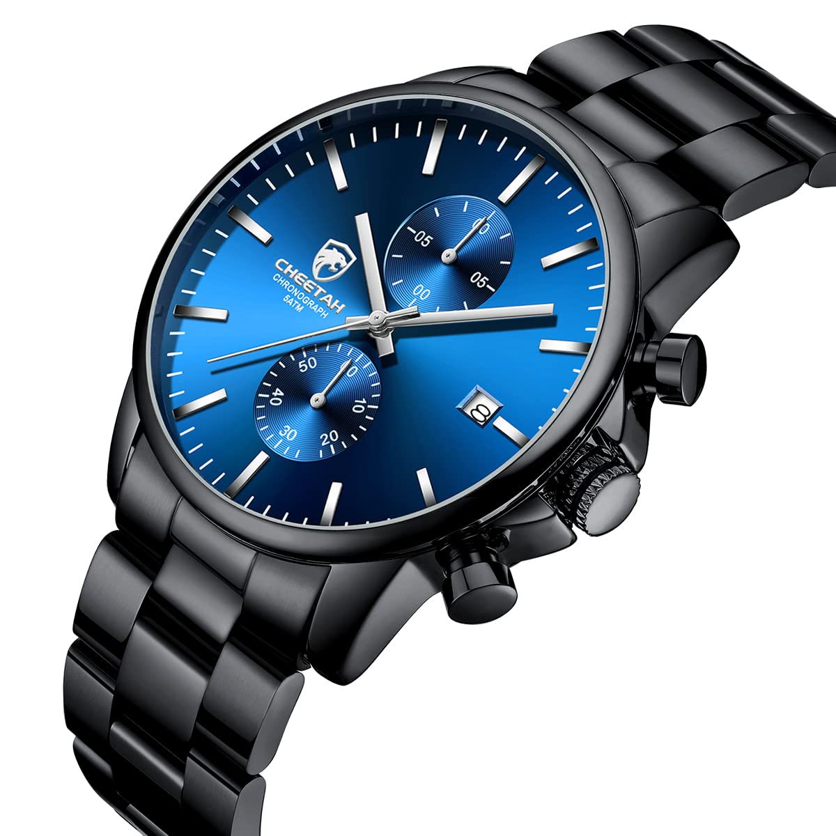 Herrenuhren mit lässiger wasserdichter Chronographen Quarzuhr aus Edelstahl und Metall, Auto Date in farbenfrohen Zeigern