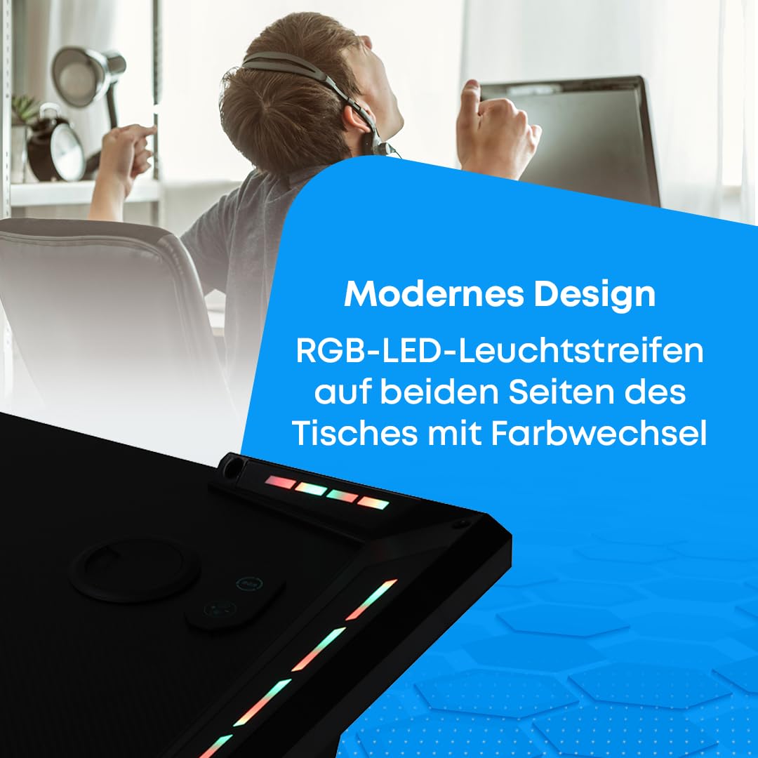NK Gaming Schreibtisch LED (120X60cm) - Becher- und Flaschenhalter, Kopfhörerhalterung, Kabelmanagement, Gaming-Schreibtisch, Tischplatte 1.5cm (Belastbarkeit) Maximal Unterstütztes Gewicht 100kg