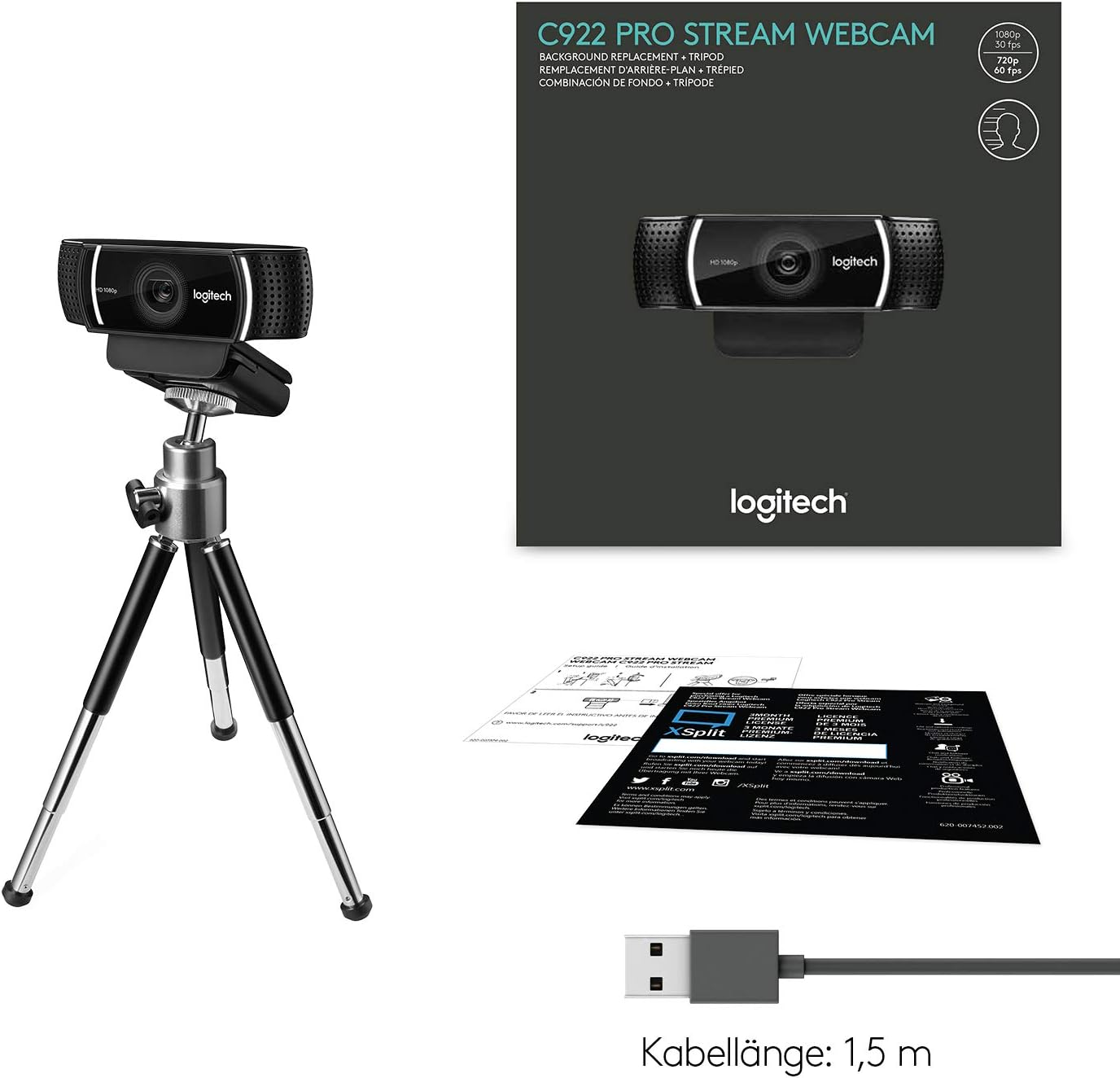Logitech C922 PRO Webcam mit Stativ, Full-HD 1080p, 78° Sichtfeld, Autofokus, Belichtungskorrektur, H.264-Kompression, USB-Anschluss, Für Streaming via OBS, Xsplit, etc. - Schwarz