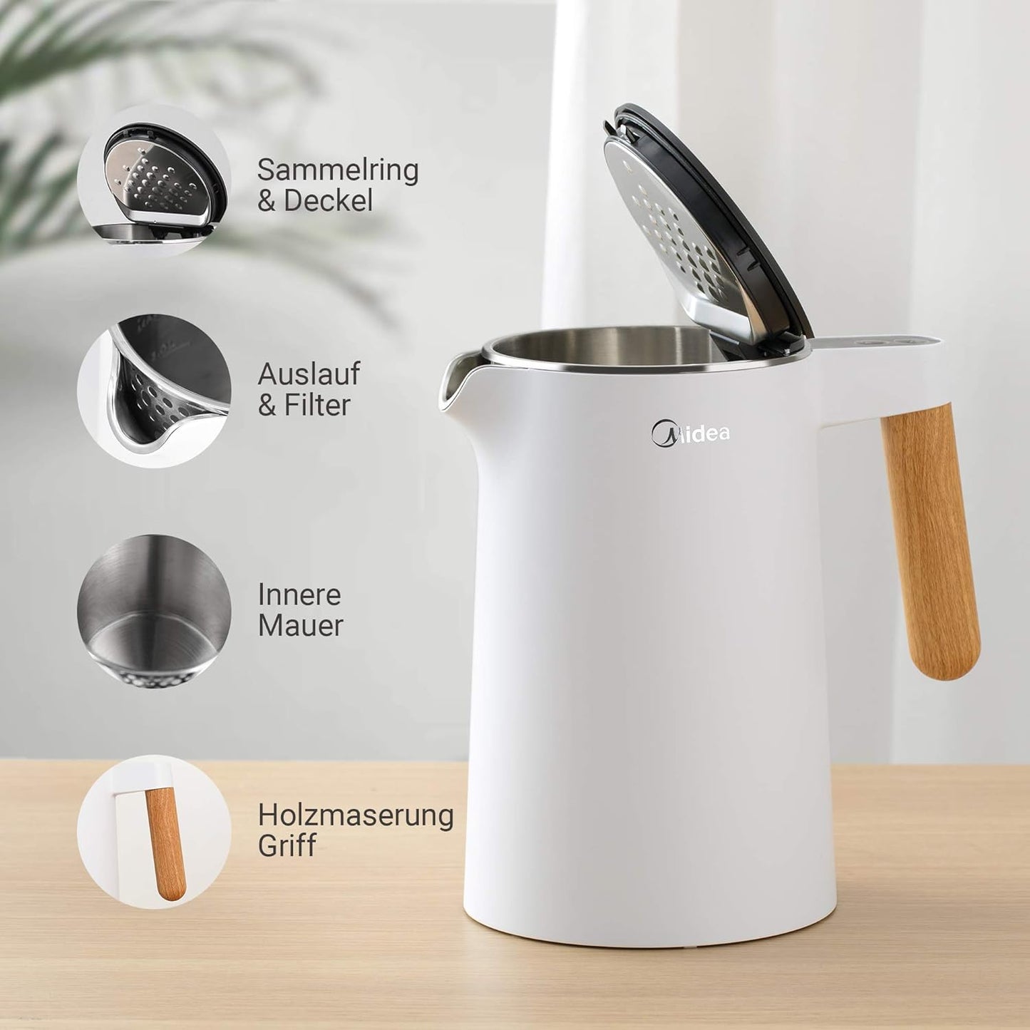 Midea Wasserkocher mit Temperatureinstellung (40, 60, 70, 80, 90, 100 Degree C),Edelstahl 1,7 Liter,Kettle 2200W mit Sichtfenster, Warmhaltefunktion für 60 Min