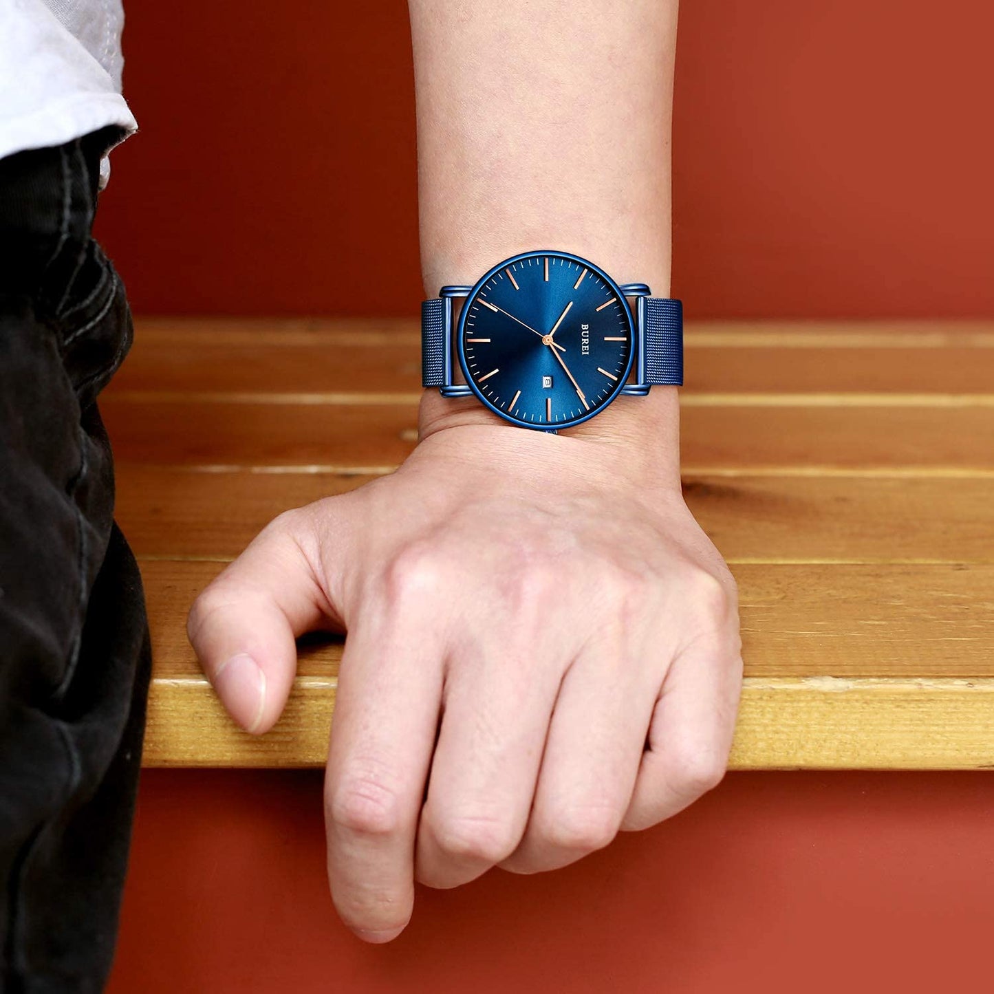 BUREI Ultra Dünne Uhren Herren Schwarze Analoges Datum Armbanduhr Herren mit Japanisches Quarzwerk, Geschenke für Männer