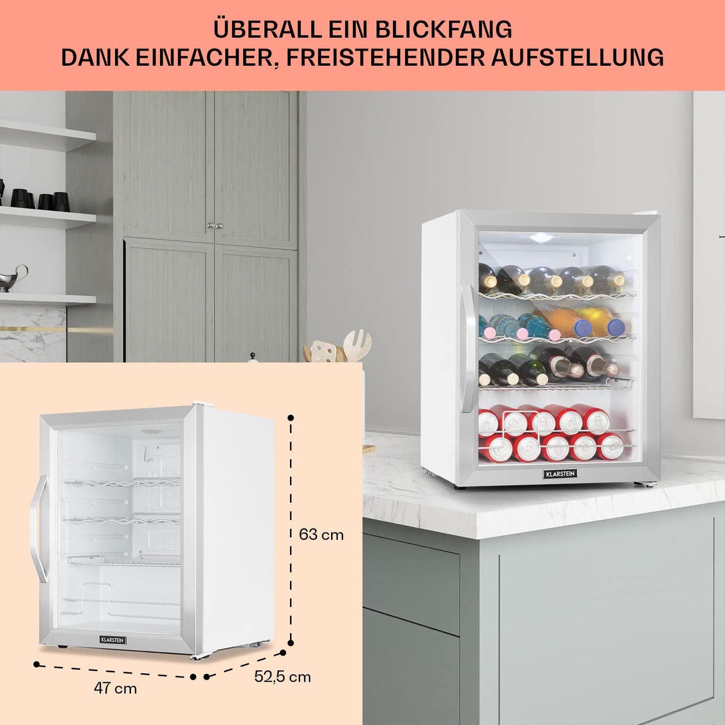 Klarstein Mini Fridge with Glass Door, Mini, for Room, Drinks Fridge Small with Adjustable Shelves, with Waveform Racks, 60 Liter Refrigerator Quiet