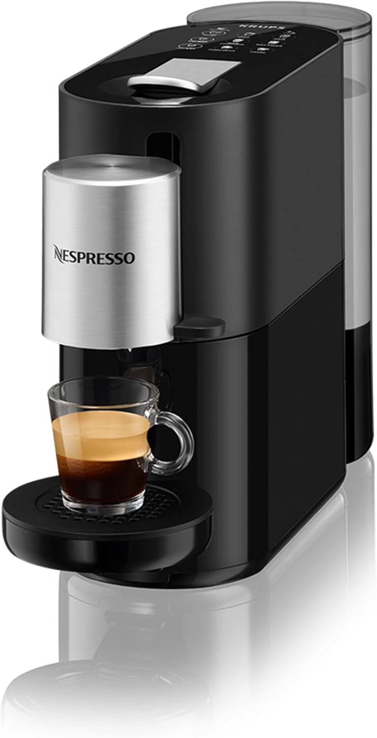 Nespresso Krups Atelier Kaffeemaschine mit Milchaufschäumer, 1 L Wassertank, inkl. Glastasse+Kapseln, 19bar Druck, schwarz/silber
