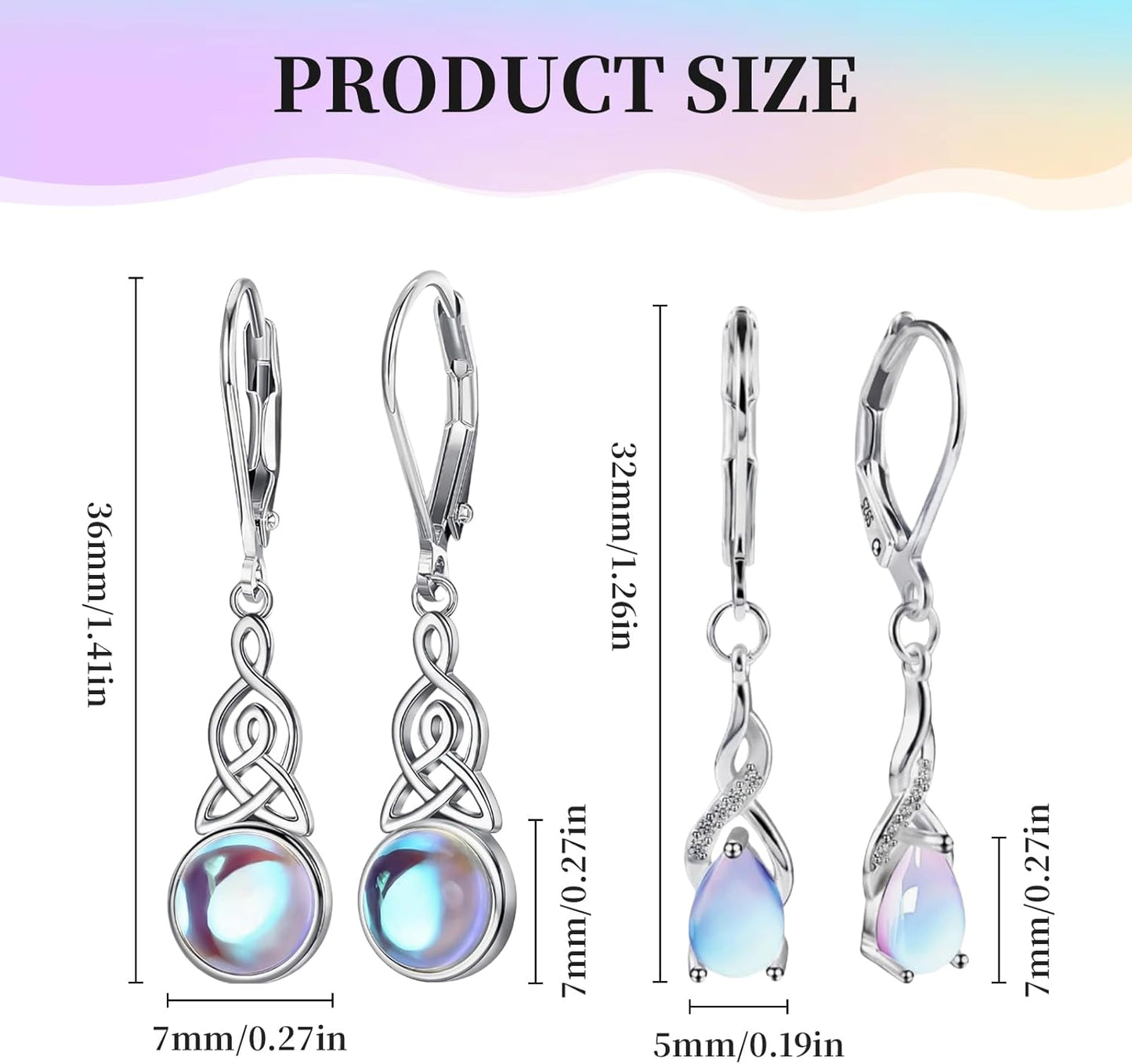 2 Pair 925 Sterling Silver Moonstone Dangle Earrings for Women
