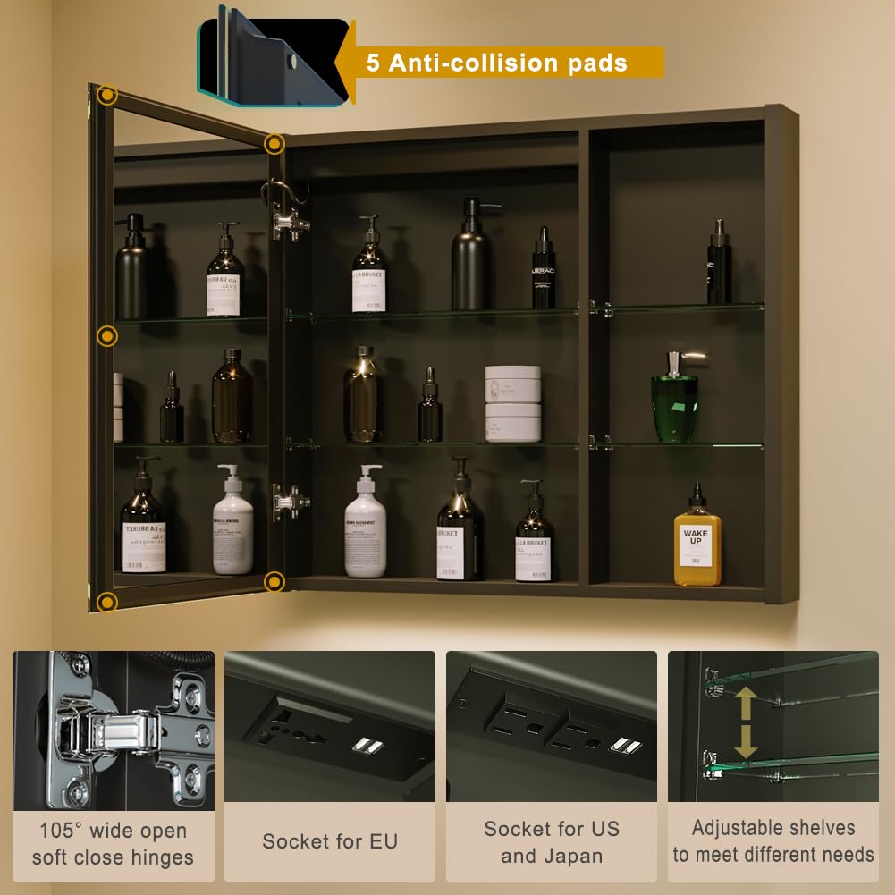 KWW LED Beleuchtetes Badezimmer Medizin Kabinett mit Spiegel, Farbtemperatur Einstellbar, Anti-Nebel Dimmbare Lichter, Steckdosen für USBs (80 x 70 cm)