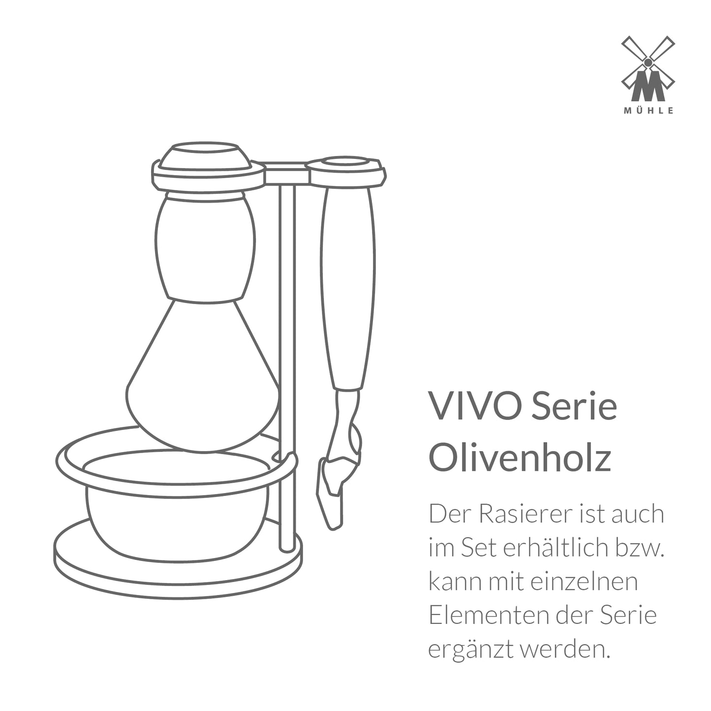 MÜHLE Vivo Rasierset kompatibel mit Gillette-Klingen, Dachshaar-Rasierpinsel, Halterung mit Schale - Olivenholz-Griffe
