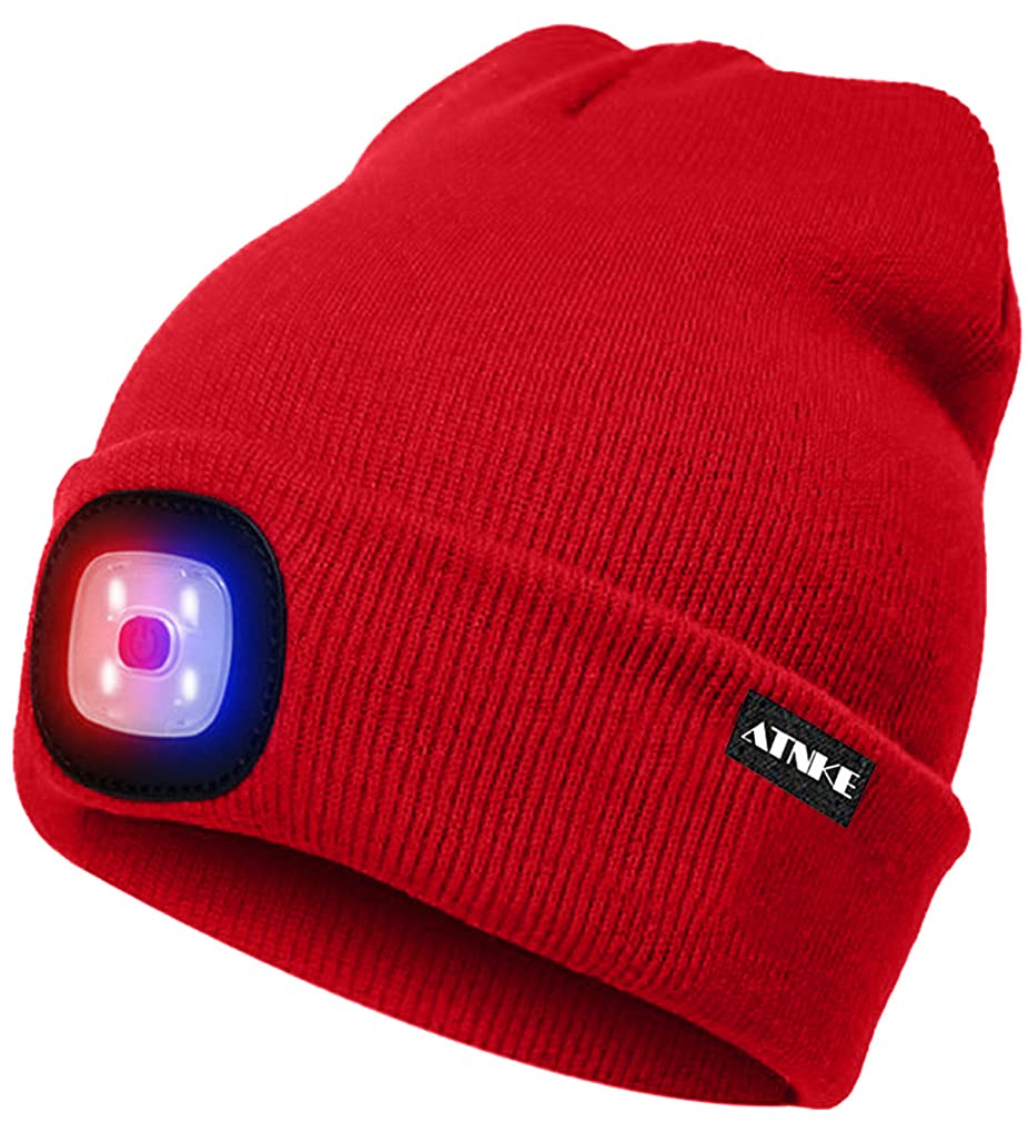 ATNKE LED Beleuchtete Mütze,Wiederaufladbare USB 4 LED Rot und Blau Leuchten Blinkender Laufmütze mit Licht Extrem Heller Lampe Winter Warme für Herren und Damen Geschenke