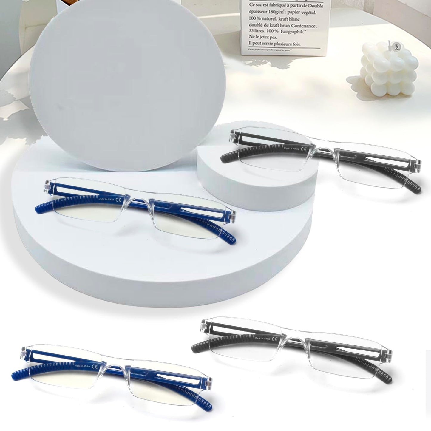 COJWIS Pack of 4 Frameless Reading Glasses for Men and Women, Lightweight and Comfortable, Anti Blue Light Reading Aid / TR90 Glasses (4 Colour Mixing, 2.00, Multiplier_x)