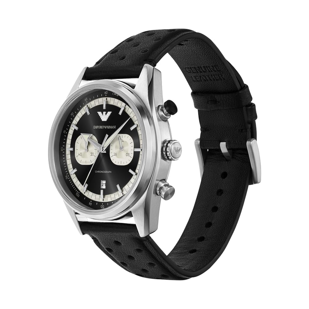 Emporio Armani Uhr für Männer, 2 Unterzifferblätter Chronographenwerk und 43mm Gehäusegröße mit Edelstahl-, Leder- oder Silikonarmband