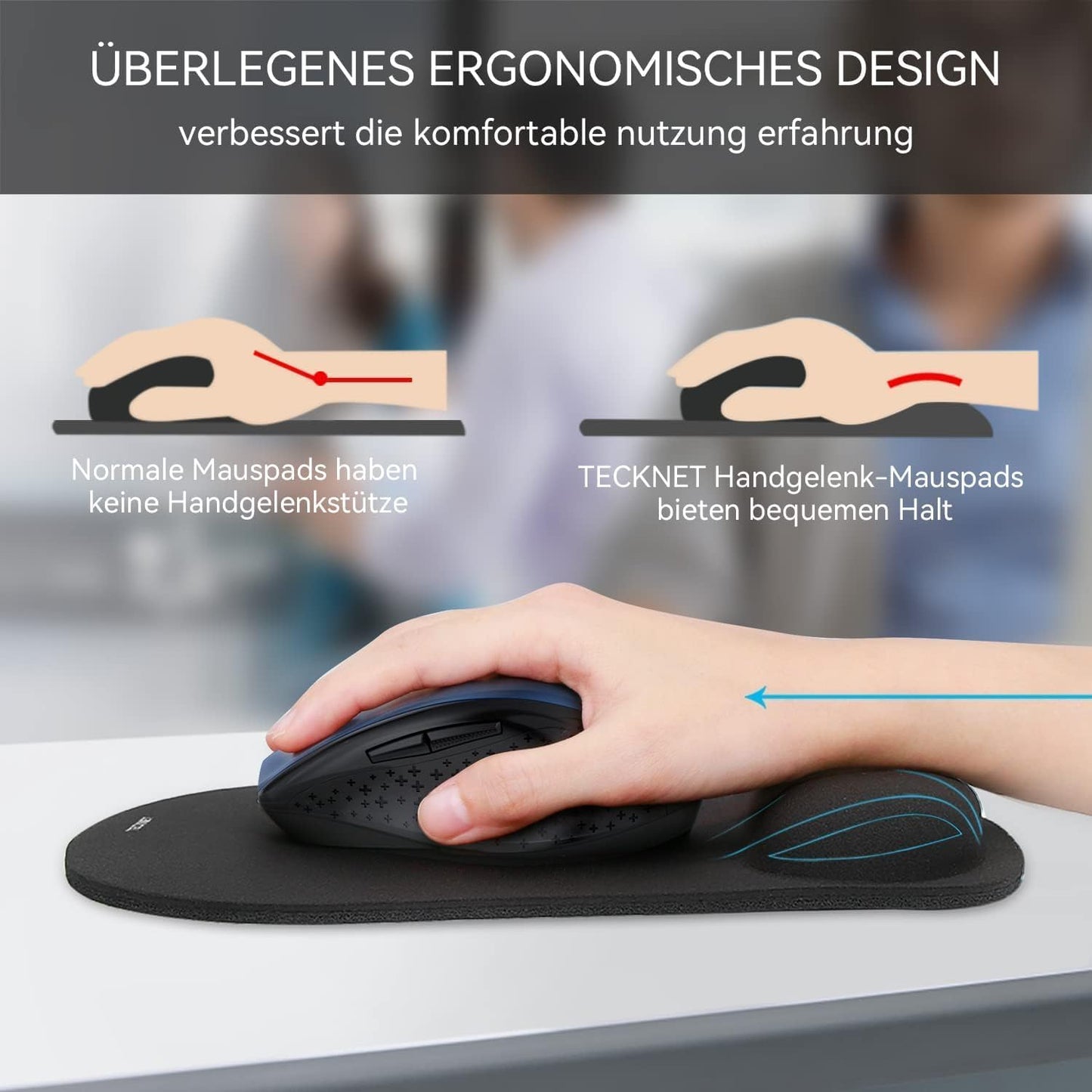 TECKNET Mauspad mit Gelkissen, Memory Foam Mousepad Ergonomisches Wasserdicht Komfort Mausmatte mit Handgelenkpolster Handauflage für Alle Maus Offfice Heim Computer Laptop