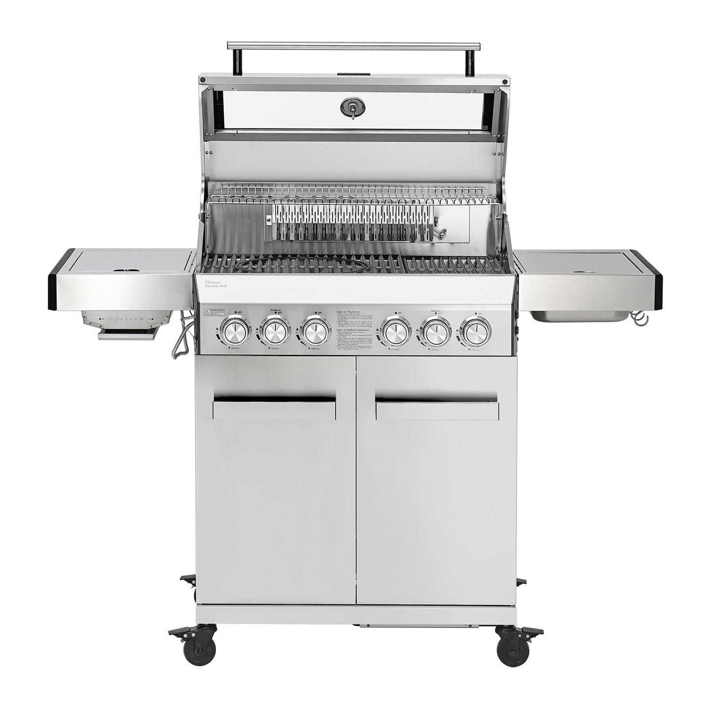 Taino Platinum Yamara Dark 6+2 Steel Gas Grill, 6 Burners, Ceramic Sear Burner, Ceramic Back Burner, Piezo Ignition, Cast Iron Cooking Grid
