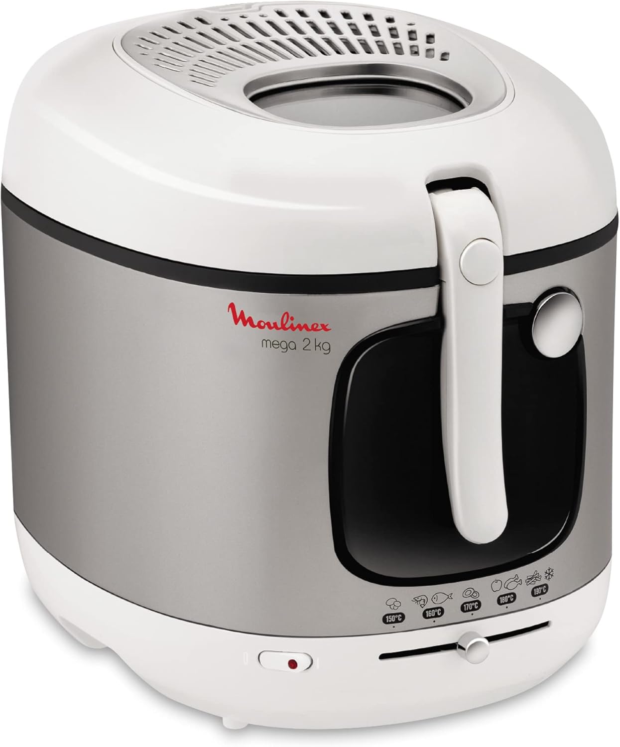 Moulinex Mega 2kg Fritteuse, Fritteuse mit Öl, Anti-Geruchs-Filter, regelbare Temperatur, leichte Reinigung, knusprige Pommes, 1.800 Watt, für bis zu 8 Personen, weiß/silber, AM4800