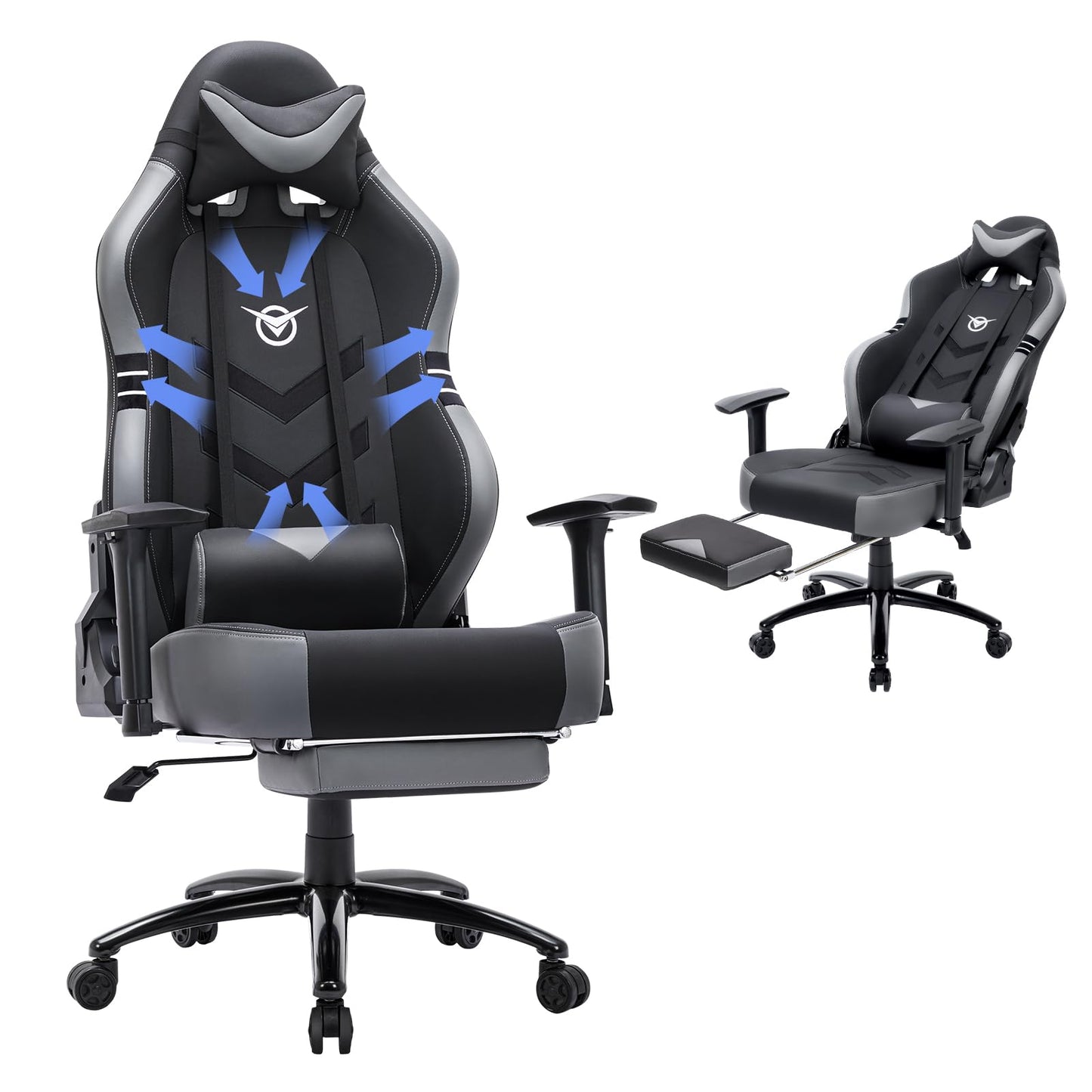 COLAMY Gaming Stuhl mit Fußstütze 160 KG Belastbarkeit-Computer Gamer PC Stuhl, Ergonomisch Hohe Rückenlehne, Verstellbare Rückenlehne, 3D Armlehnen, Kopfstütze und Lordosenstütze, Schwarz