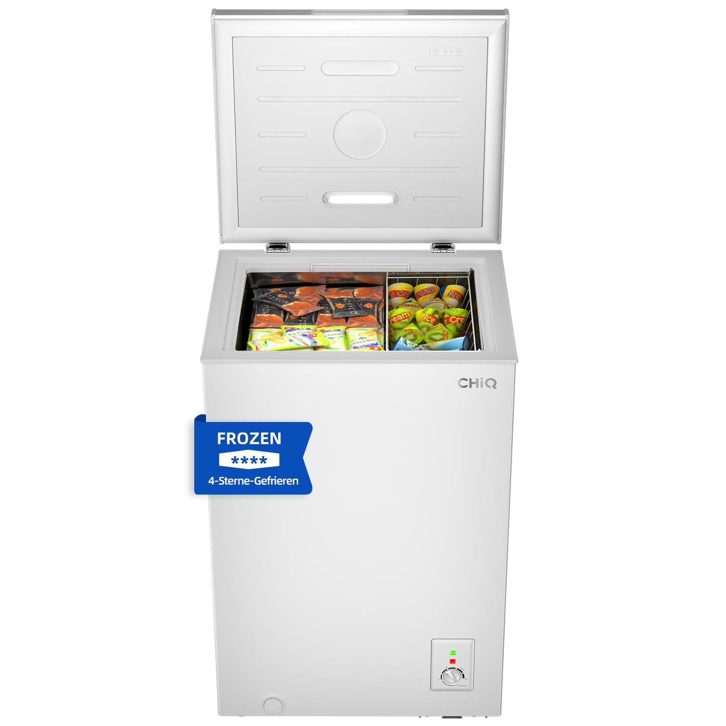 CHiQ Gefriertruhe 99 L, 54,5 x 47,6 x 83,5 cm, 4-Sterne-Gefrieren, Thermostatsteuerung, Drahtgestell, Schwebetür, Geräuscharm, Weiß