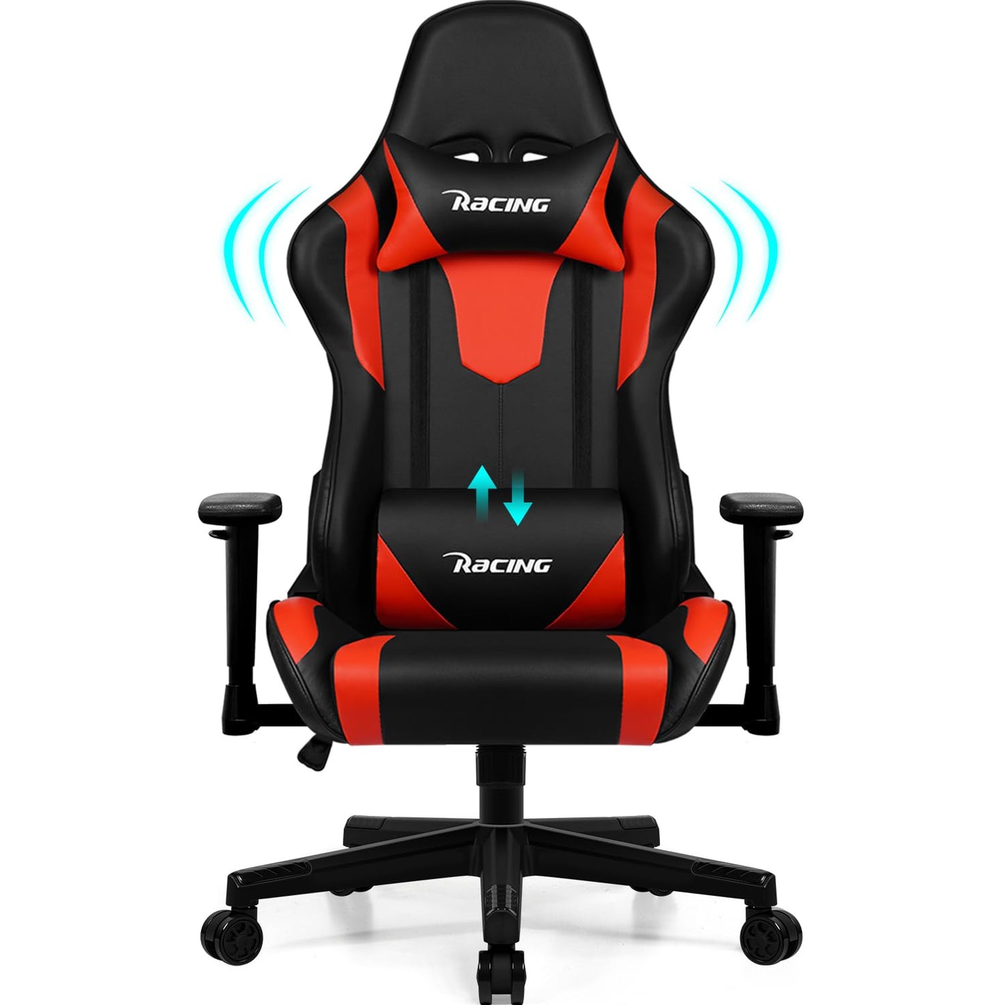 Homimaster Gaming Chair, Ergonomic Office Chair with Adjustable Lumbar Cushion, Head Cushion and Armrests, Padded Gaming Chair, Gamer Chair with Rocking Function, Gaming Chair 150 kg Load Capacity
