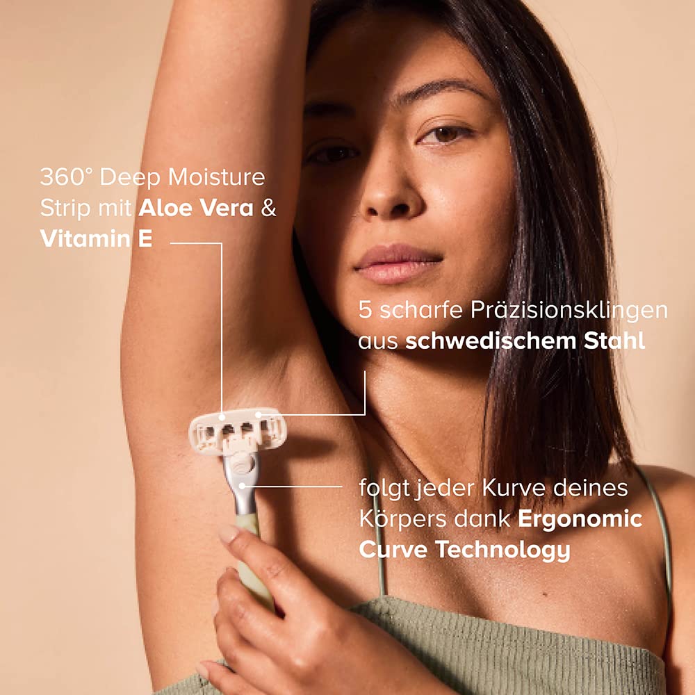 juno & me – Rasierer Basic-Kit, Premium 5-Klingen-Rasierer|Wandhalterung + 1 Ersatzklinge, für Intimbereich + Körper von Frauen | beugt Rasierpickel vor | veganer Rasierer Damen, Farbe Coconut Milk