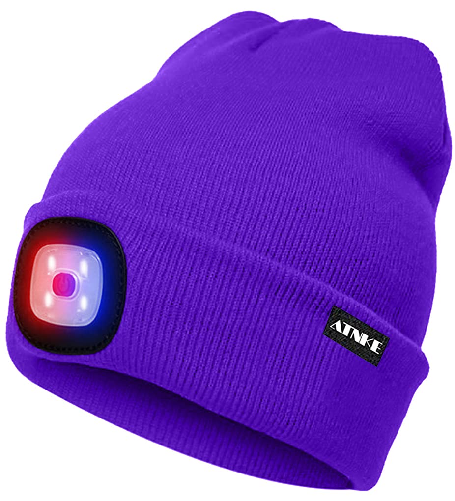 ATNKE LED Beleuchtete Mütze,Wiederaufladbare USB 4 LED Rot und Blau Leuchten Blinkender Laufmütze mit Licht Extrem Heller Lampe Winter Warme für Herren und Damen Geschenke