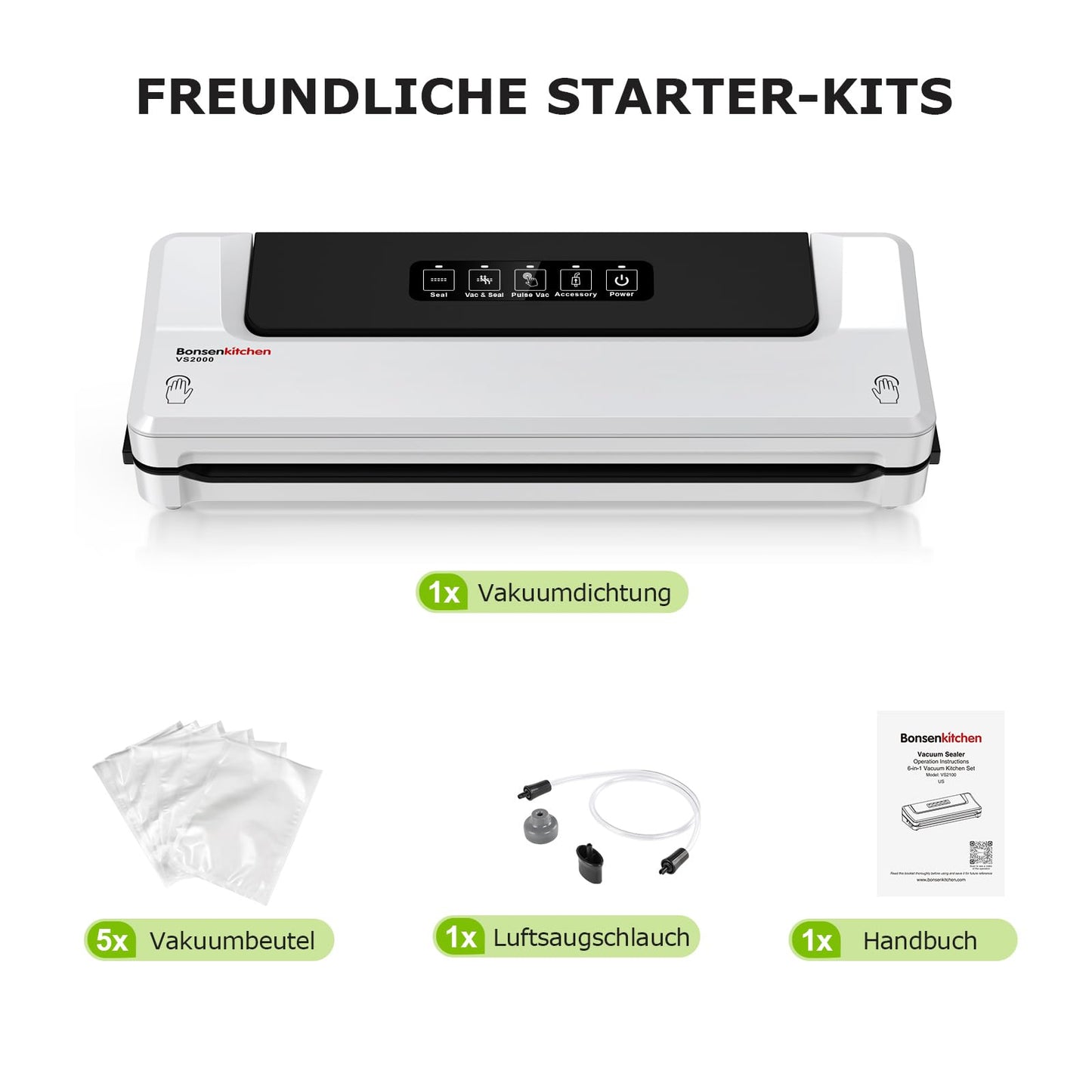 Bonsenkitchen Vakuumiergerät, Vakuumierer Folienschweißgerät für Sous Vide Kochen und Lebensmittel Bleiben bis zu 6x Länger Frisch, 40 Vakuumbeutel Inklusive (Sliber)