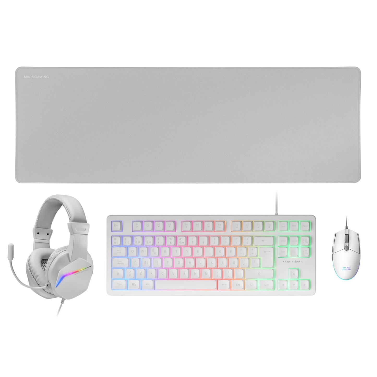 MARSGAMING MCP-RGB3, Pack Gaming Keyboard Fixed RGB + Gaming Mouse RGB Flow 3200 DPI + Headset Over-Ear RGB + XXL Mouse Pad, White, Portuguese Language