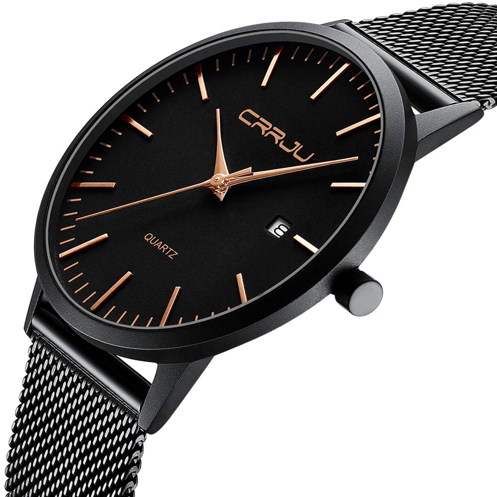 CRRJU Herren Uhr Ultra Dünne Wasserdicht Armbanduhr Herren Mode mit Schwarz Edelstahlband Mesh Analog Quarz Business Männer Uhren
