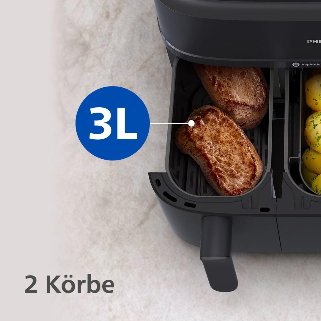 Philips Airfryer Dual Basket 3000 Series, 9L, 2 Körbe, 2 Gerichte gleichzeitig fertig, RapidAir Plus Heißlufttechnologie, 90% weniger Fett, Energieeffizient, HomeID Rezepte-App